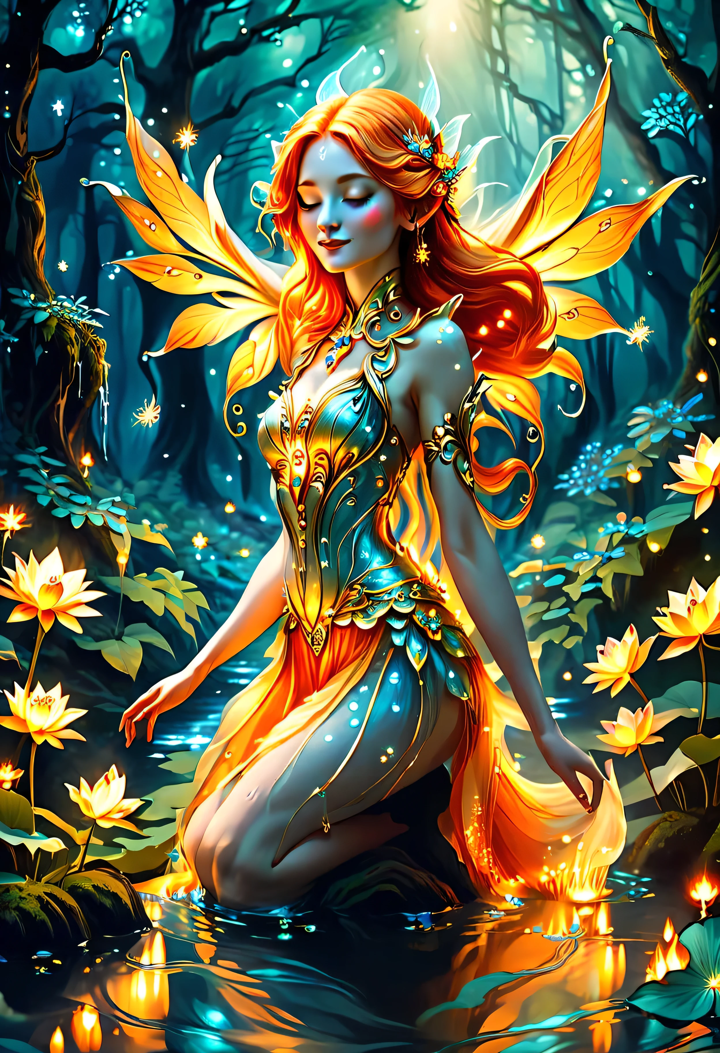 "A celestial fairy, born of fire and light, kneels in the heart of an enchanted forest stream, her presence radiating warmth. Her skin glows like the embers of a sacred flame, with delicate golden veins pulsing in harmony with the stars. Vast wings, forged from light and heat, shimmer like the petals of a sun-kissed lotus. Her crimson-orange hair flows around her like living fire, crowned with delicate, bioluminescent flowers. In her cupped hands, a mystical flower radiates an ethereal glow, its golden light reflecting upon the shimmering water. Around her, the forest hums with ancient energy, fireflies tracing golden arcs in the air as the river carries whispers of forgotten magic."