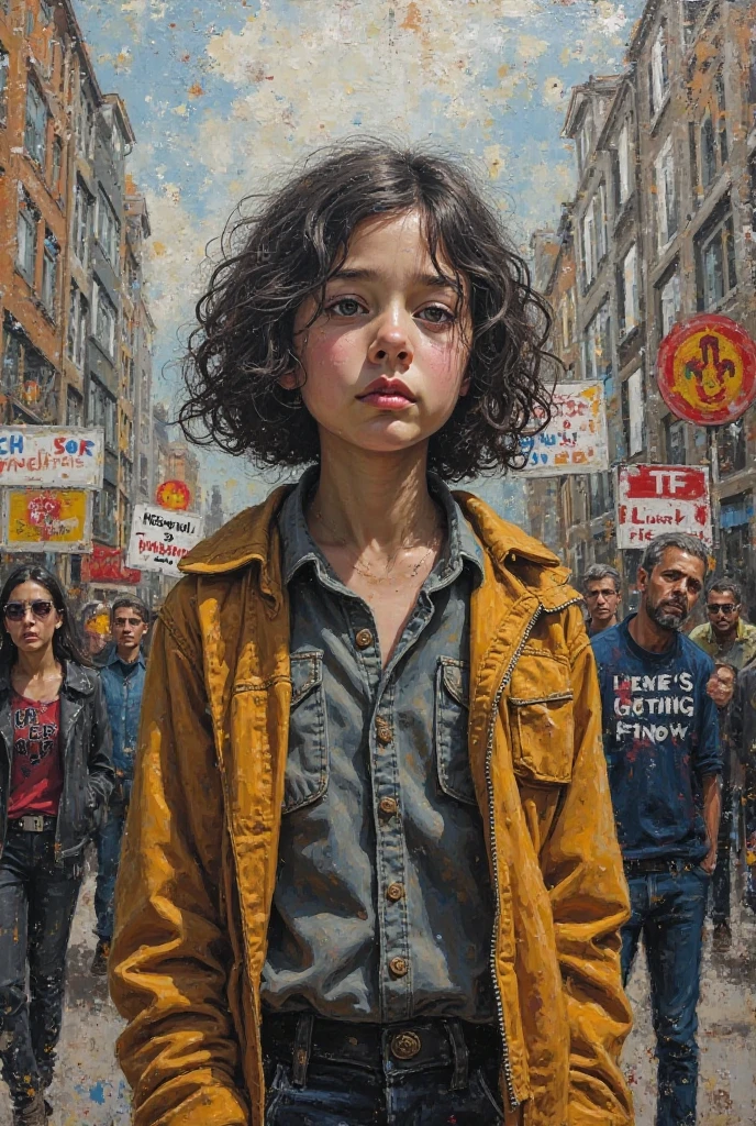 The description depicts a close up portrait of A truly amazing art (((little boy))) with blue eyes, tears streaming down, messy dark curls and disheveled in spirit silhoutte form, torn clothing and a posed, melancholic expression suggesting a mix of sadness and wonder, crouched on a (dilapidated city street), surrounded by leaves and debris, surrounded by the remnants of war, framed by a softly blurred backdrop that gives an ethereal feel, his gaze focused downwards towards a (vaguely ruined urban landscape) where the light takes on fantastical, dreamlike tones, capturing the style of Boris Vallejo, luis royo, and julie bell