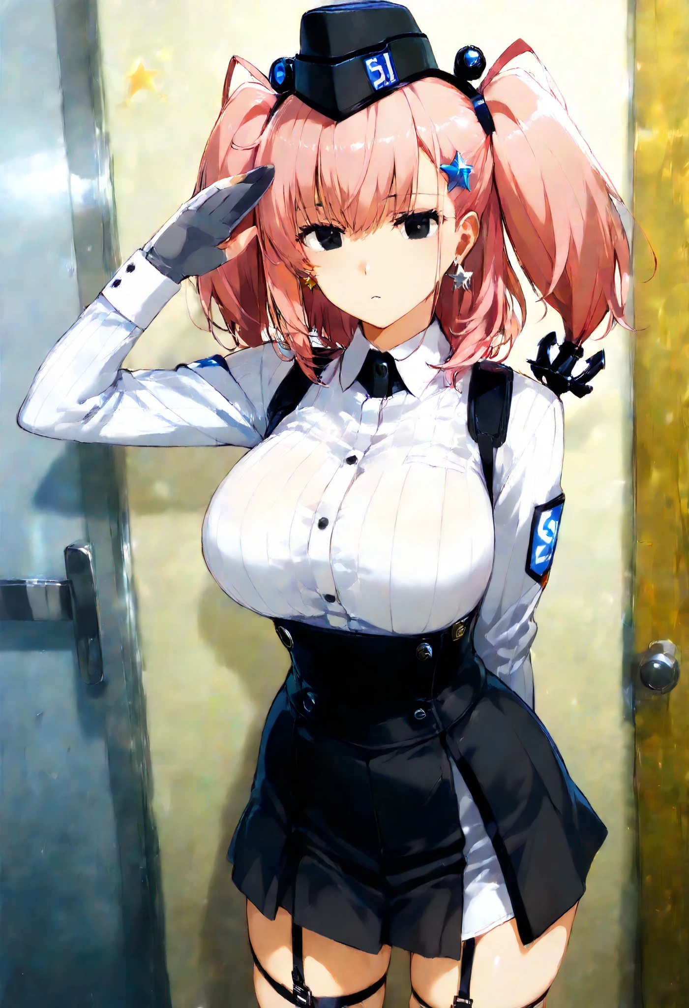 1girl, solo, (Huge tits, gigantic tits), narrow waist, wide hips, curvy, frown, military peaked cap, military uniform, short pink hair, blue eyes, open black jacket, white shirt, necktie, black pants, black gloves, belt.