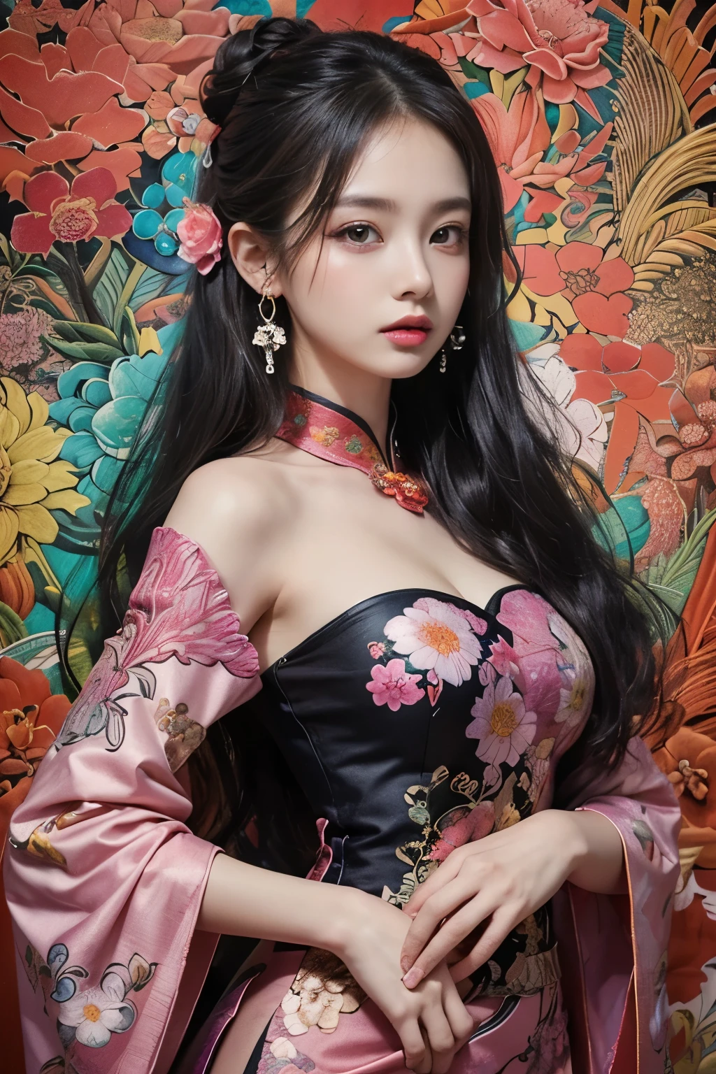 (masterpiece, top quality, best quality, official art, beautiful and aesthetic:1.2), (1girl:1.3), extremely detailed,(fractal art:1.1),(colorful:1.1)(flowers:1.3),highest detailed,(zentangle:1.2), (dynamic pose), (abstract background:1.3), (chinese Traditional cloth:1.2), (shiny skin), (many colors:1.4), ,(earrings:1.4),