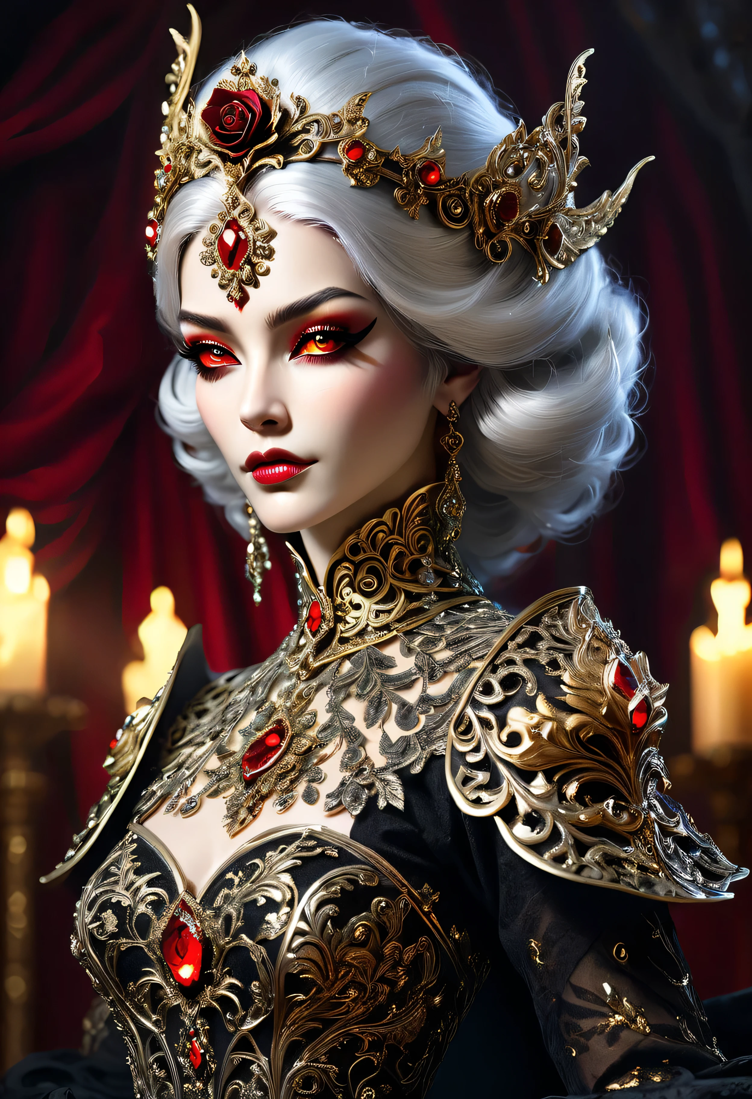 "A regal fantasy woman with silver hair adorned in jeweled accessories, her delicate skin glowing under warm golden light. She wears an ornate crystal-embellished gown with intricate filigree and shimmering embroidery. Beside her, a mysterious masked figure in black and gold baroque armor with fiery red eyes and a deep crimson rose. Dramatic cinematic lighting, ultra-detailed textures, gothic elegance, hyper-realistic reflections, dark romantic atmosphere, masterpiece, 4K."