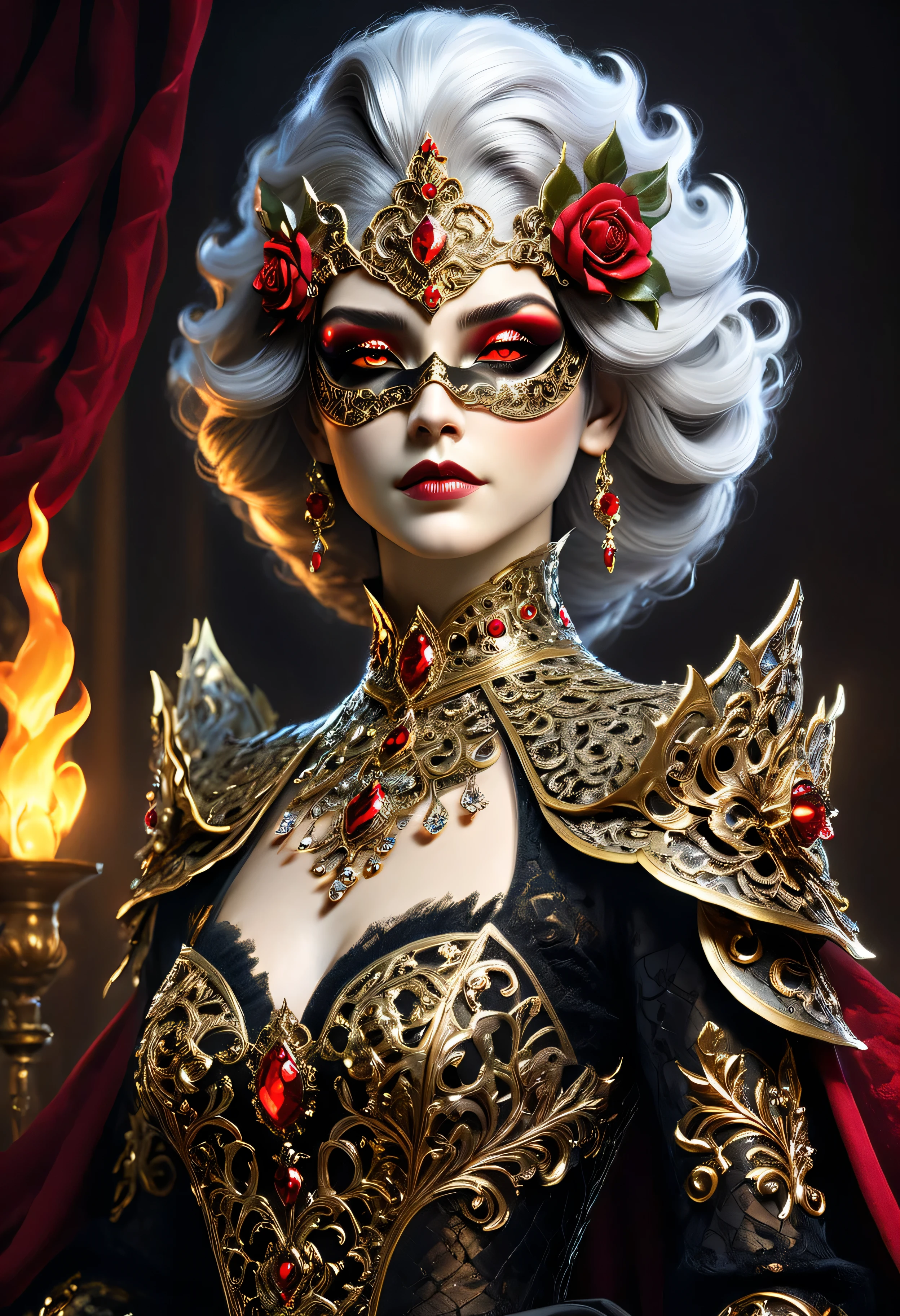 "A regal fantasy woman with silver hair adorned in jeweled accessories, her delicate skin glowing under warm golden light. She wears an ornate crystal-embellished gown with intricate filigree and shimmering embroidery. Beside her, a mysterious masked figure in black and gold baroque armor with fiery red eyes and a deep crimson rose. Dramatic cinematic lighting, ultra-detailed textures, gothic elegance, hyper-realistic reflections, dark romantic atmosphere, masterpiece, 4K."