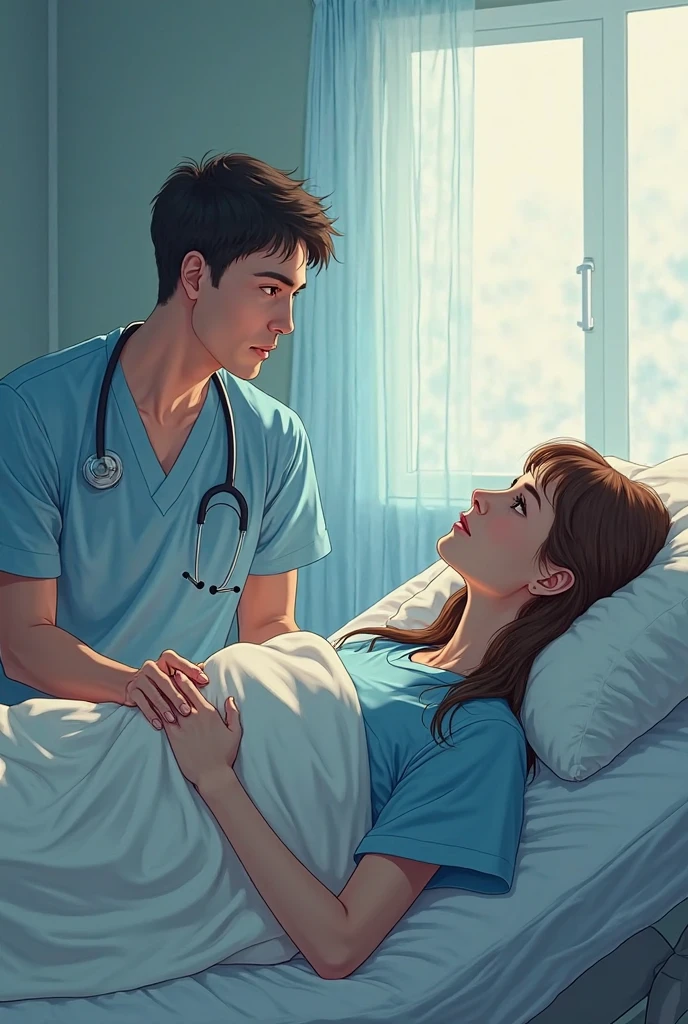 A mother who is about to give birth with sadness and a very tired and exhausted father, animation 