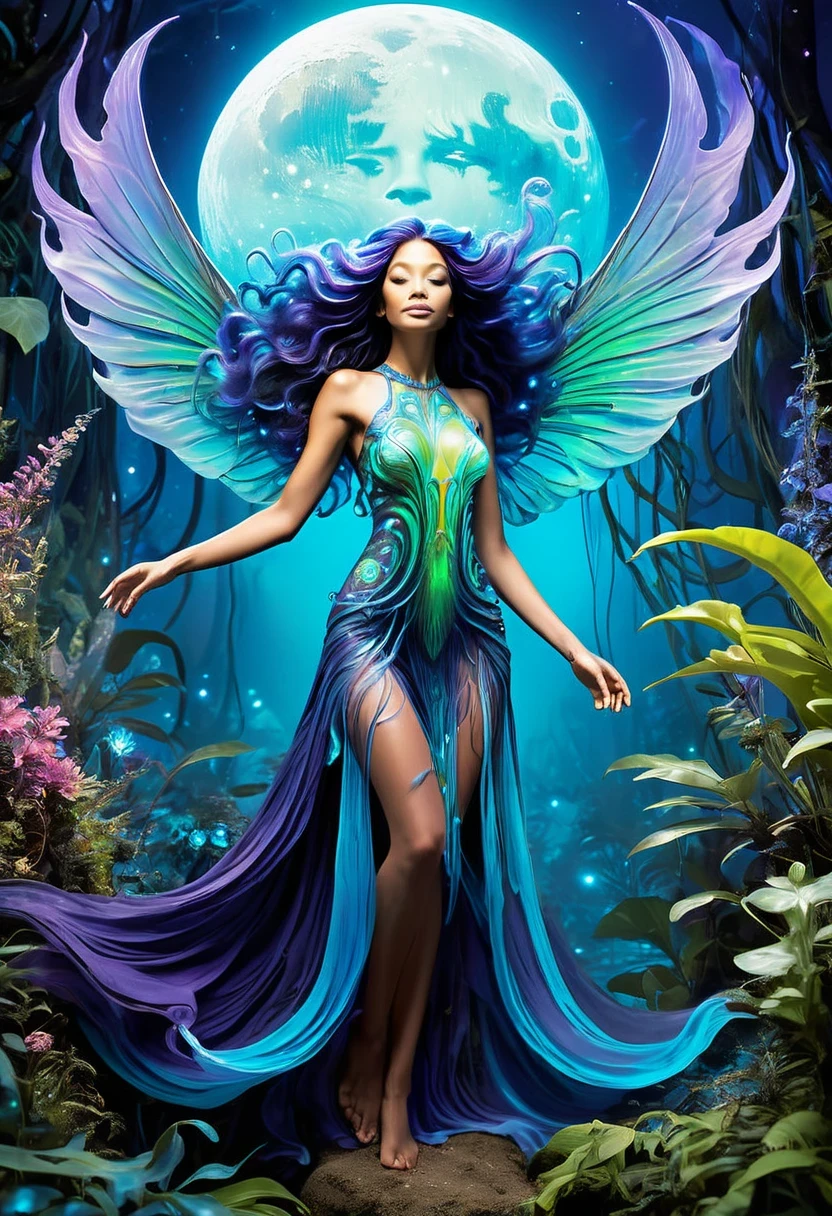 "A luminous spirit glides through a mystical jungle bathed in the glow of a giant moon. Her body is adorned with bioluminescent markings in shades of electric blue, neon green, and deep indigo. Her translucent wings flicker with shifting light, resembling the deep-sea glow of unseen creatures. Her hair flows like liquid light, cascading in glowing streaks of violet and cyan. She touches a blooming flower that radiates an otherworldly glow, illuminating the vibrant, enchanted flora around her. Tiny floating orbs of light swirl in the air, filling the scene with magical energy."