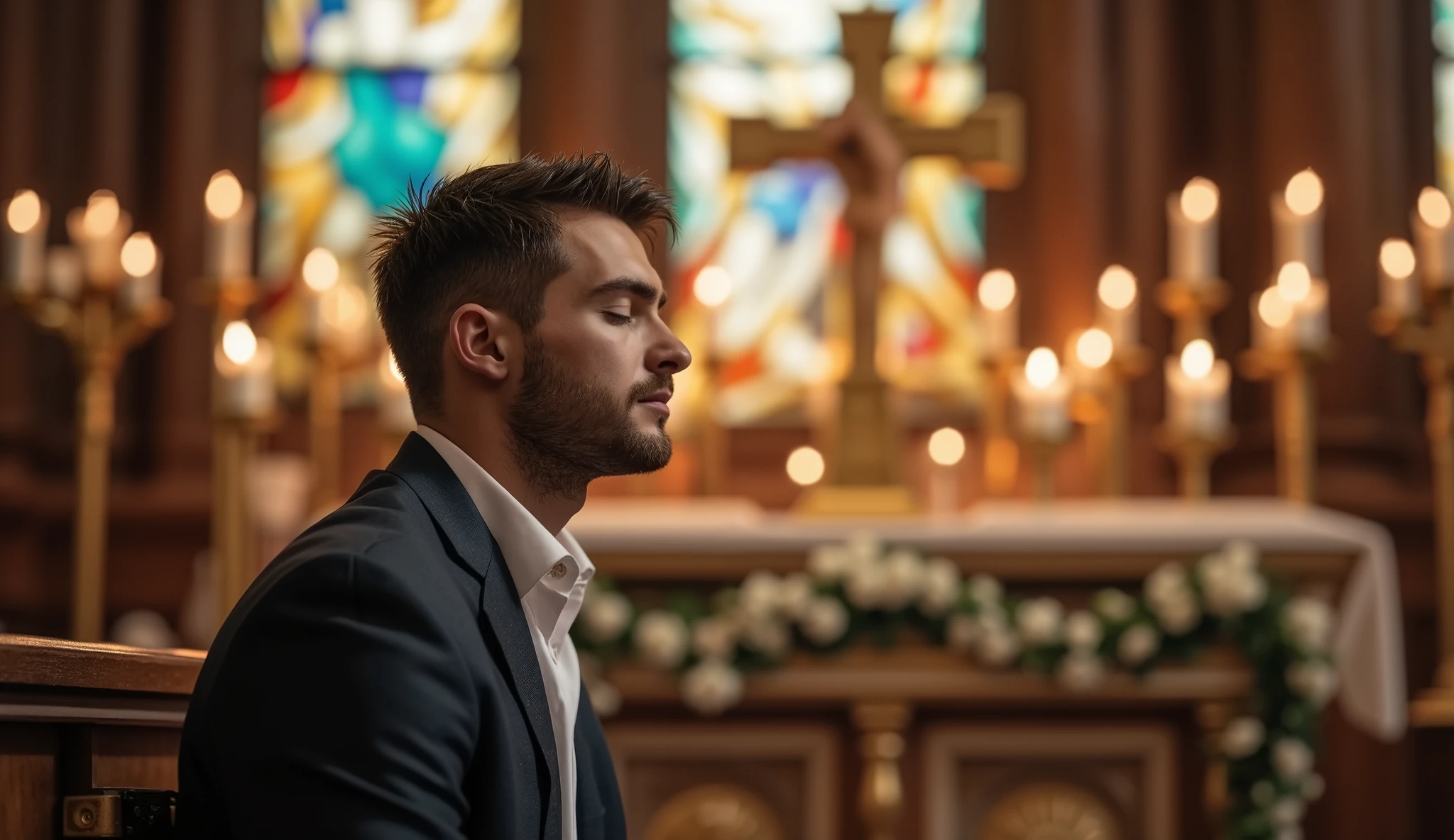 A handsome man with well-defined features sits slightly away from the camera beside a grand altar, his eyes closed and head bowed in deep prayer. The background, captured with a realistic high-resolution bokeh effect, softly blurs an ornate golden cross mounted on the altar, surrounded by tall flickering candles and delicate white flowers. The stained-glass windows behind cast soft, colorful light across the sacred space, illuminating the intricate carvings on the altar. The warm glow enhances the atmosphere of peace and devotion. Positioned on the left side of the frame, the right side is intentionally left empty for text placement, ensuring a balanced and spiritually uplifting composition.