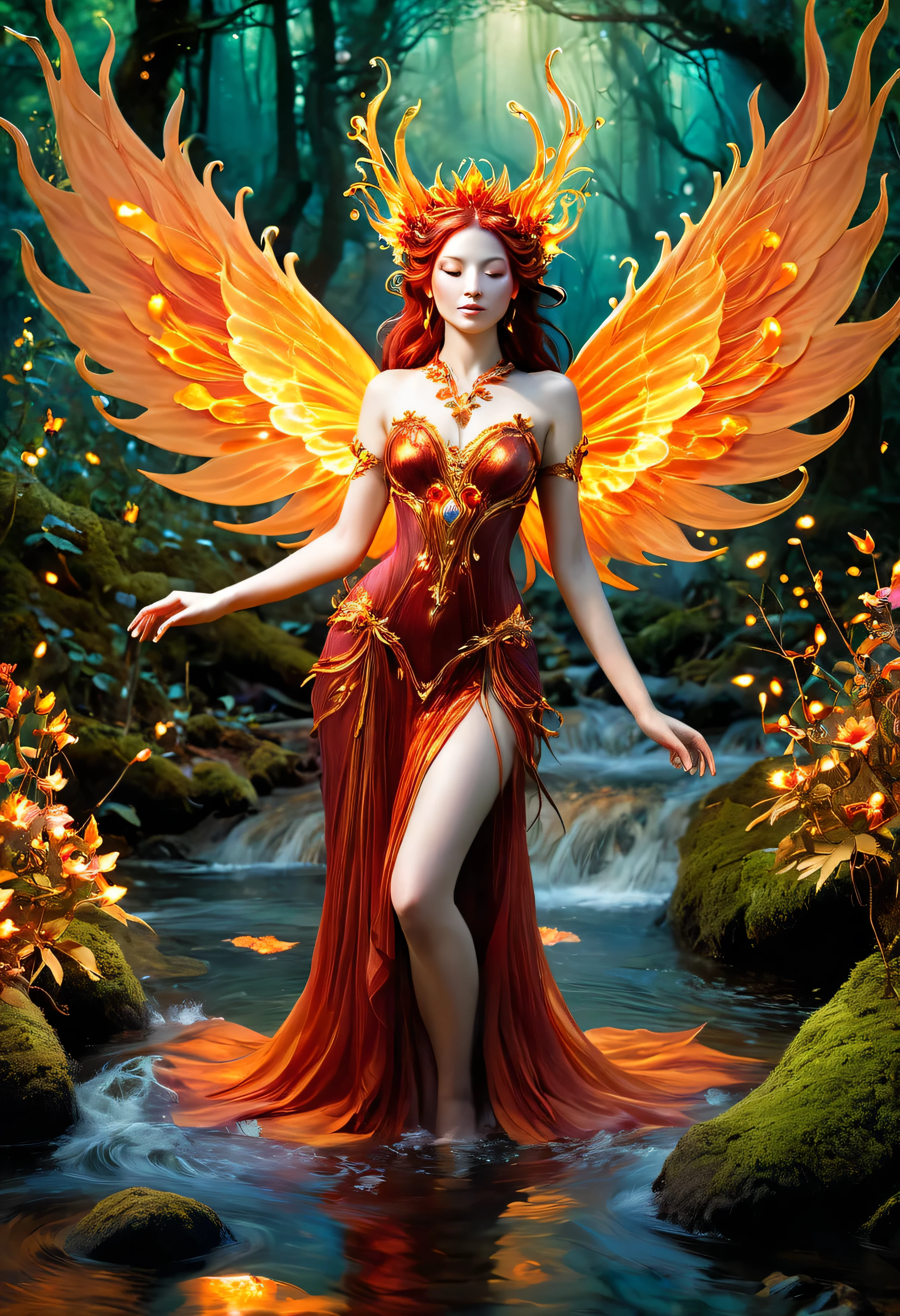 "A divine fairy, the embodiment of celestial fire, kneels gracefully in a sacred woodland stream. Her ethereal red-orange skin glows like the heart of a dying sun, adorned with delicate golden markings that shift like living flames. Her wings, vast and shimmering, stretch behind her, resembling the embers of an eternal firestorm. Her cascading hair, a blend of crimson and molten copper, flows around her like liquid flame, crowned with delicate glowing blossoms. In her hands, she holds a radiant flower, its petals pulsing with an inner fire, casting a warm golden glow upon the shimmering water. The enchanted forest whispers with magic, fireflies swirling in luminescent patterns, painting the air with golden sparks as the night sings her celestial hymn."