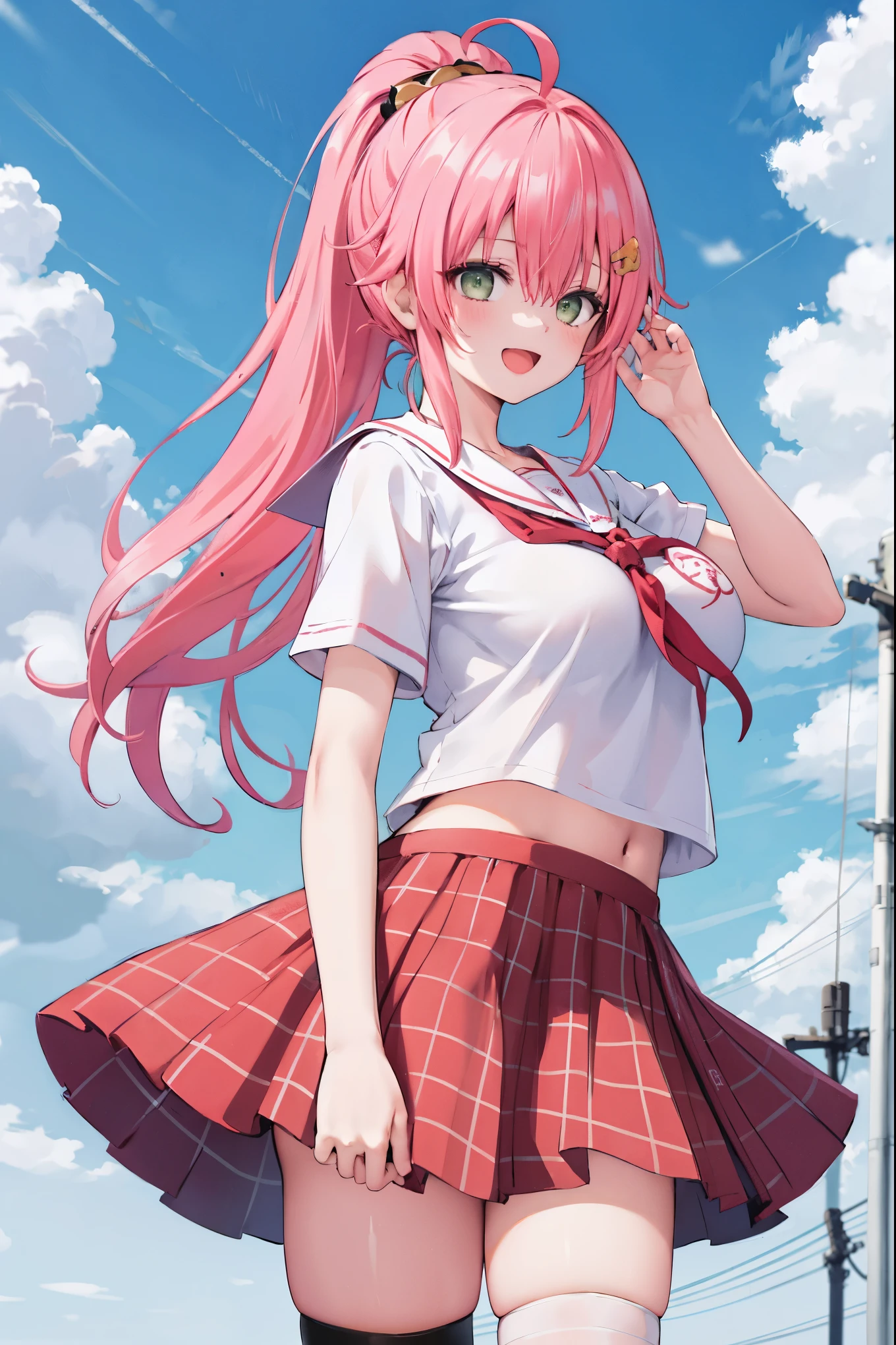 She has pink hair tied in rabbit ear-shaped odango and red eyes. She wears a summer version of a school uniform consist of a white short-sleeved sailor uniform with red with a single white linings at the edge of her sleeves and a red front bow at the center of her uniform, blue pleated skirt with a red bow at the back, white socks and white shoes with a red bow on front. Her uniform is red with two white linings attached and another red design with white lining beneath her uniform.