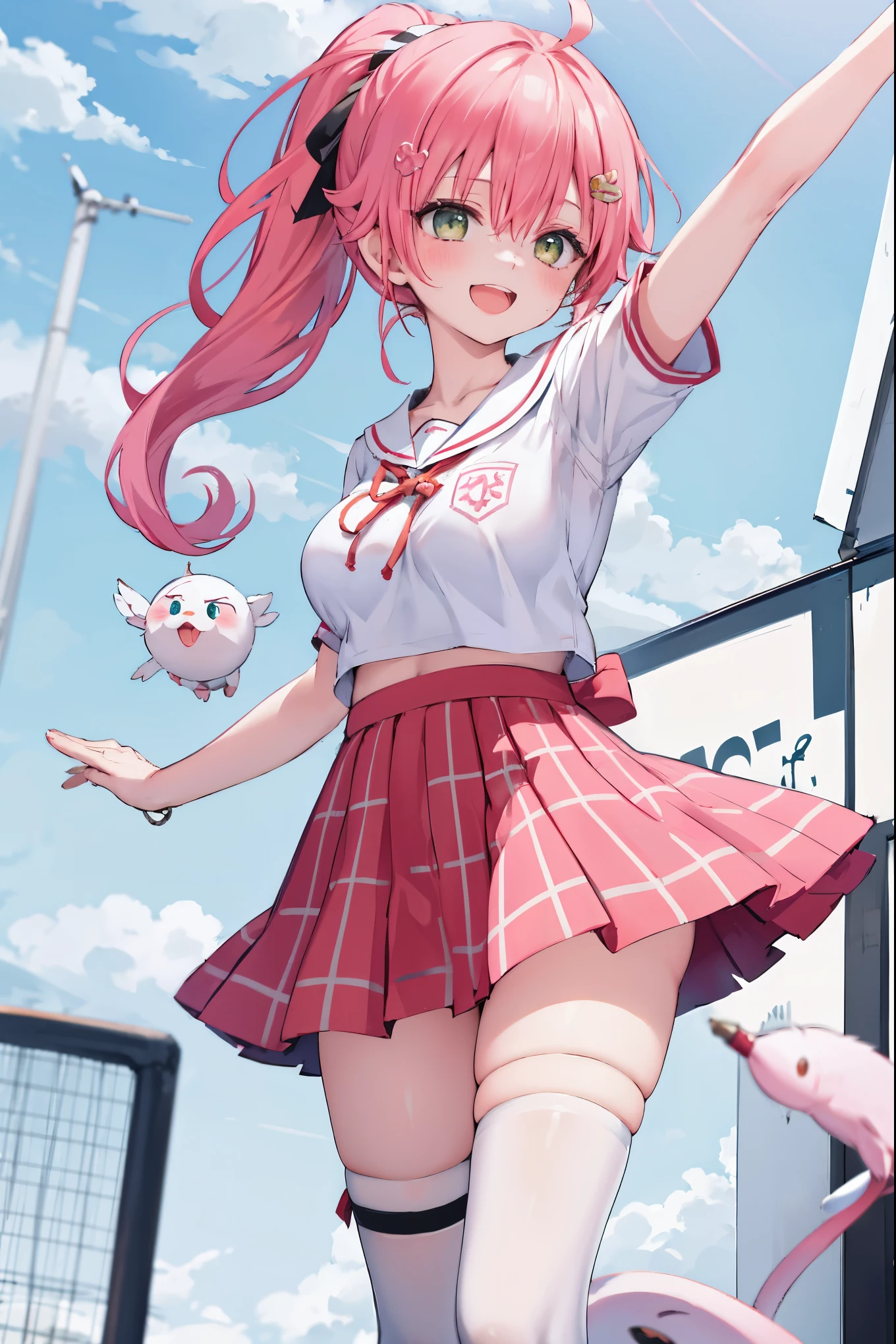 masterpiece, best quality, 1 _girl, solo, MikoSchool,ahoge,pink_hair,(short_ponytail:1.3), hairclip, white shirt, sailor_collar, pink_skirt, plaid, white_thighhighs, short_sleeves, looking through legs,big_smile,large_breasts,midriff,happy, excited,open_mouth,large_droopy_eyes