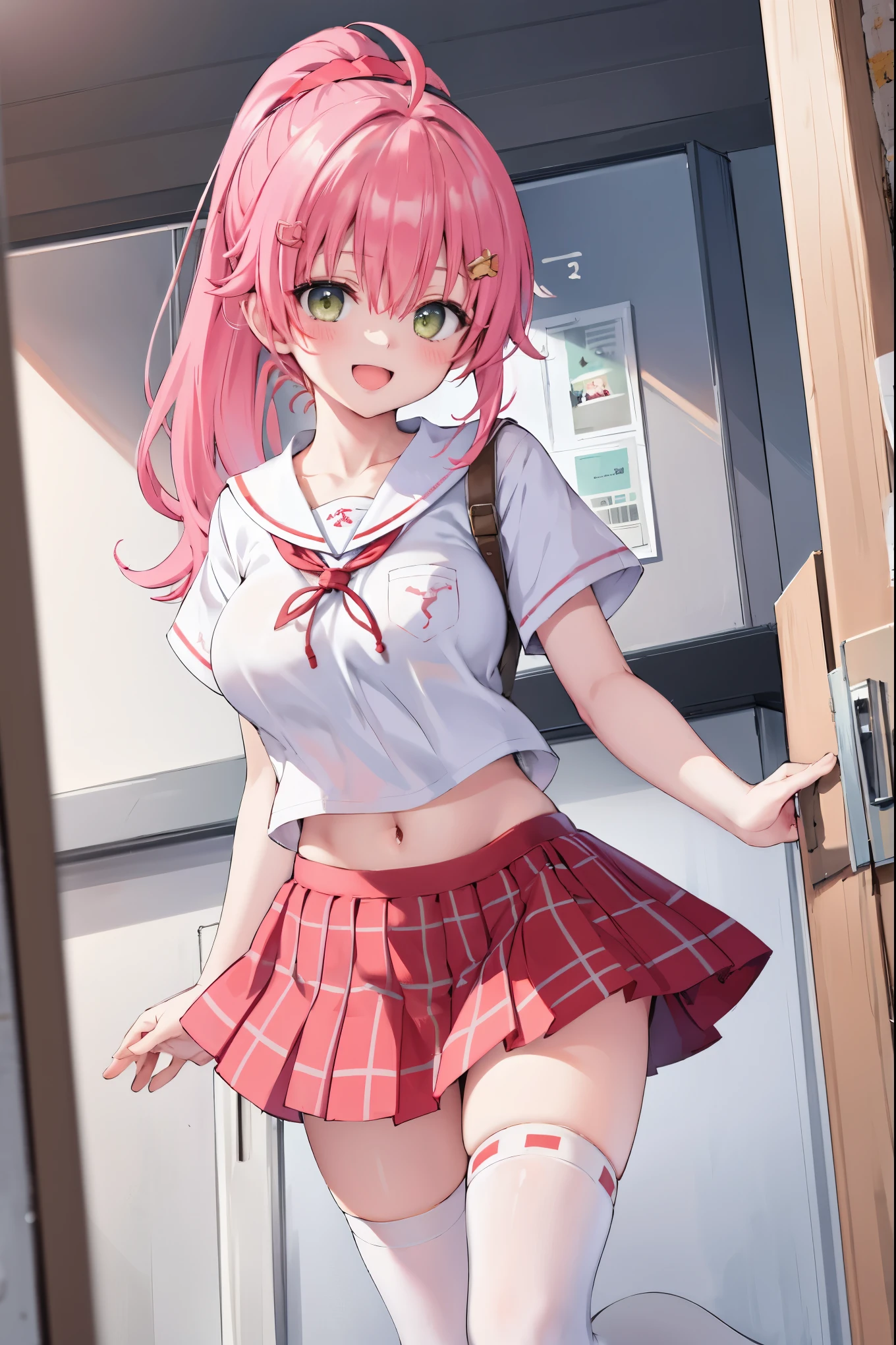 masterpiece, best quality, 1 _girl, solo, MikoSchool,ahoge,pink_hair,(short_ponytail:1.3), hairclip, white shirt, sailor_collar, pink_skirt, plaid, white_thighhighs, short_sleeves, looking through legs,big_smile,large_breasts,midriff,happy, excited,open_mouth,large_droopy_eyes