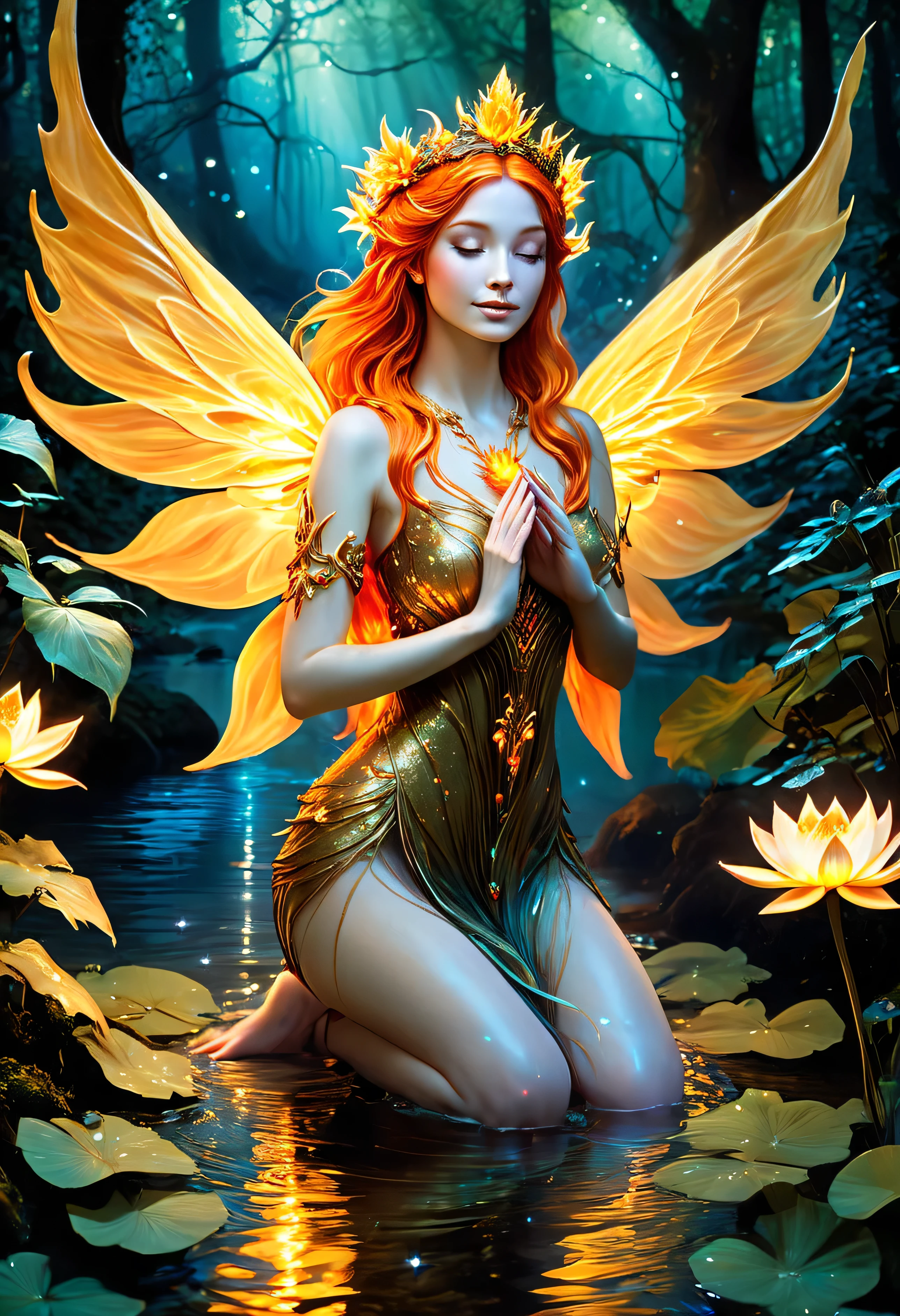 "A celestial fairy, born of fire and light, kneels in the heart of an enchanted forest stream, her presence radiating warmth. Her skin glows like the embers of a sacred flame, with delicate golden veins pulsing in harmony with the stars. Vast wings, forged from light and heat, shimmer like the petals of a sun-kissed lotus. Her crimson-orange hair flows around her like living fire, crowned with delicate, bioluminescent flowers. In her cupped hands, a mystical flower radiates an ethereal glow, its golden light reflecting upon the shimmering water. Around her, the forest hums with ancient energy, fireflies tracing golden arcs in the air as the river carries whispers of forgotten magic."