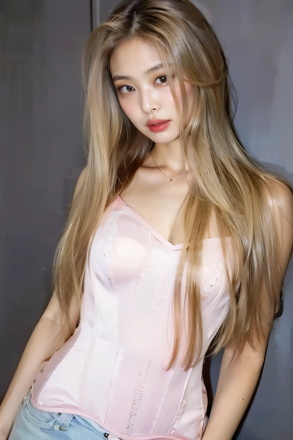 a close up of a woman with long blonde hair posing, tsunade from naruto, with long blond hair, (highly detailed face:1.4) (smile:0.7) (background inside dark, moody, private study:1.3) POV, by lee jeffries, nikon d850, film stock photograph ,4 kodak portra 400 ,camera f1.6 lens ,rich colors ,hyper realistic ,lifelike texture, dramatic lighting , cinestill 800