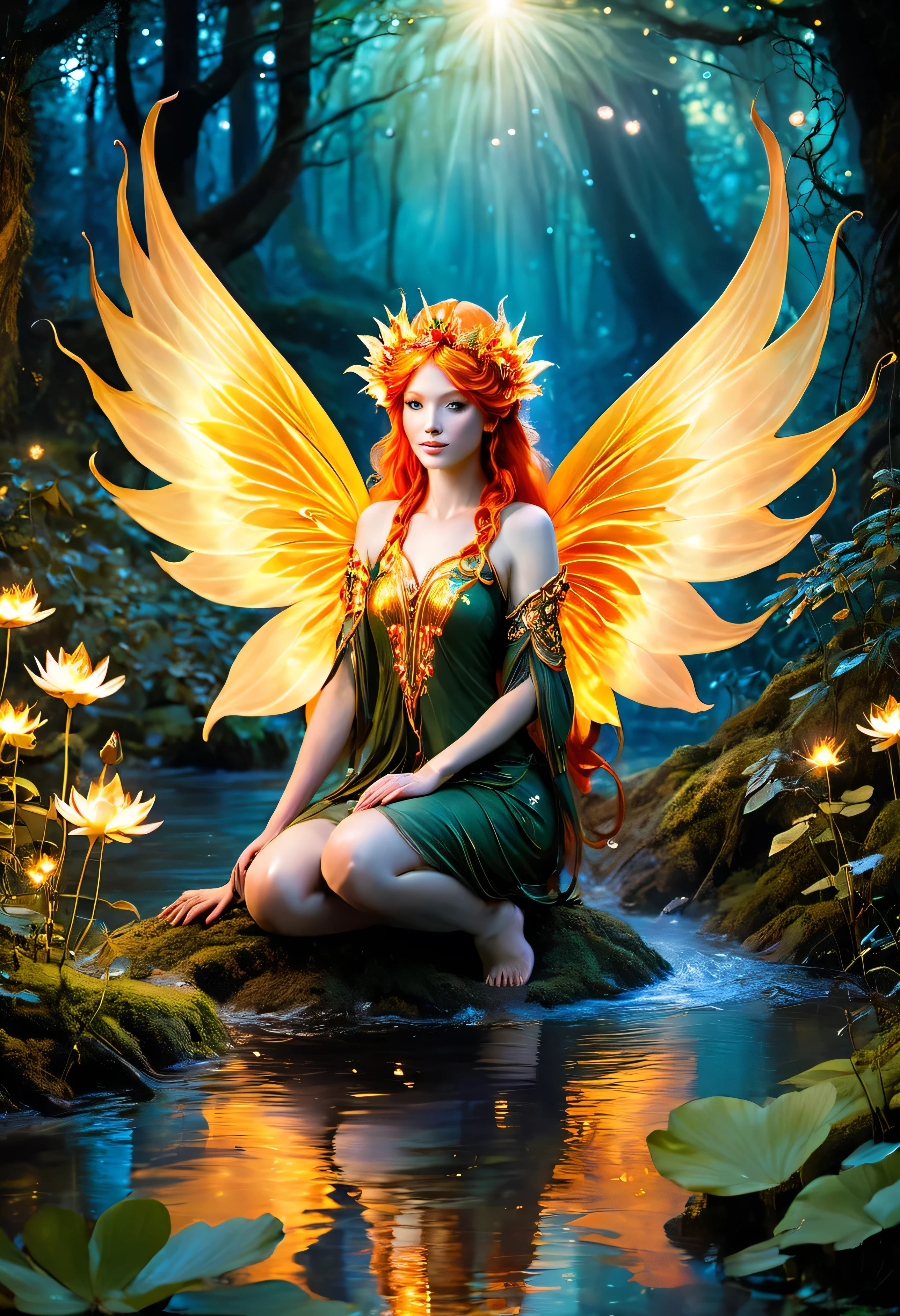 "A celestial fairy, born of fire and light, kneels in the heart of an enchanted forest stream, her presence radiating warmth. Her skin glows like the embers of a sacred flame, with delicate golden veins pulsing in harmony with the stars. Vast wings, forged from light and heat, shimmer like the petals of a sun-kissed lotus. Her crimson-orange hair flows around her like living fire, crowned with delicate, bioluminescent flowers. In her cupped hands, a mystical flower radiates an ethereal glow, its golden light reflecting upon the shimmering water. Around her, the forest hums with ancient energy, fireflies tracing golden arcs in the air as the river carries whispers of forgotten magic."