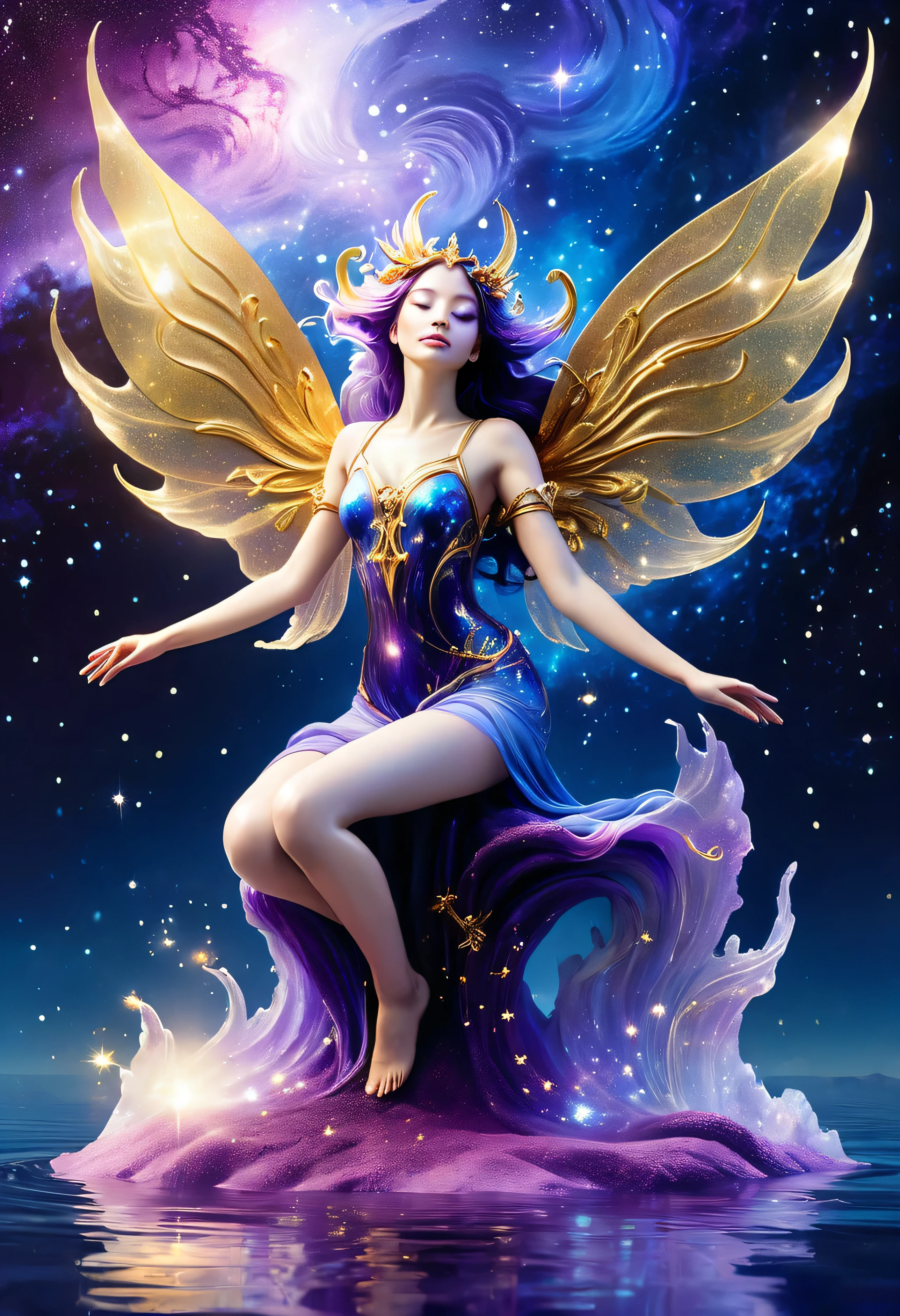 "A celestial fairy bathed in hues of deep violet, sapphire, and iridescent gold kneels on a floating crystal platform above a glowing cosmic lake. Her translucent wings shimmer like a nebula, shifting between electric blue and magenta with traces of golden stardust. Her flowing hair cascades in waves of cosmic light, reflecting galaxies and swirling celestial patterns. She holds a radiant, pulsating star in her hands, illuminating the scene with a mystical aura. The sky behind her is a canvas of swirling nebulae and glowing constellations, creating an ethereal and dreamlike atmosphere."