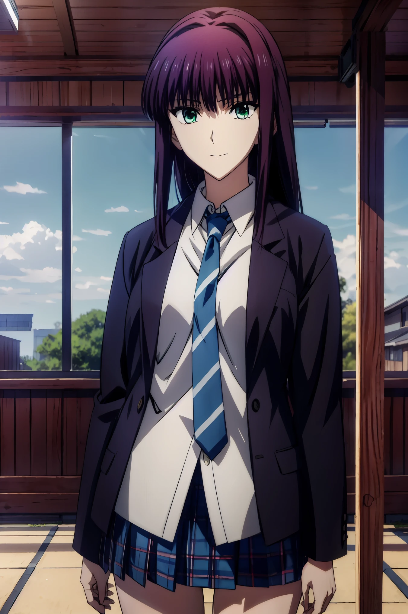 black blazer ,smile face, blazer uniform,赤 purple hair, green eyes , Eyes Like Jewels, 超 high definition, ((( green eyes))),赤 purple hair, beautifulアニメ高校の女の子,( masterpiece:1.2, 最 high quality ), ( exists, photo exists:1.4), beautifulイラスト, ( natural light , Movie Screenplay ), nsfw, watch viewers , COWBOY SHOOTING , Front view of the company :0.6, seat, Japanese, college student の女の子, perfect face, beautiful髪, beautiful顔, beautiful and amazing eyes, beautiful鎖骨, beautiful体, beautiful胸, beautiful太もも, beautiful足, beautiful指 , ((( navy jacket ), light blue shirt , details beautiful DEL I'm CATE EYES FULL OF DEC I ON , Black Sox , blue tartan ribbon tie )), ( beautiful風景), evening , Riverside, walk, smooth animated CG art , 魅惑的な Anime Girl , MAKE A GIRL IN A LONG COAT , high definition, is very well detailedなイラスト, DARK BLUE PLEATED MINISKIRT VIBRATOR , RAW photo , film grain , standing , U high definition and 8K Connection , 長い赤 purple hairと green eyesをした Anime Girl , Anime Moe Art Style , 若い Anime Girl の接写, smooth animated CG art , beautifulアニメの college student の女の子, Anime Moe Art Style , シュールな college student の女の子, Anime Girl , 魅力的な Anime Girl , シュールな college student の女の子, GIRL WITH SHINY CLOTHING , high definition, CG Details , high quality shadows, beautiful、delicate face、All the details , ディテール beautiful DELICATE EYES FULL OF DECISION,break( high definition8Kの壁紙 ),(高度に CG Details 8kの壁紙),Makima ( CHAINSAW MAN ),Scathach ( Destiny / GRAND ORDER REQUIRED ),Reika Shimohira , high definition, とても繊細で beautifulCGイラスト,最 high quality , exists Feeling , exists fabric, exists texture,((( debris flies))), (((最 high quality ))),8k,At 32k, masterpiece, beautiful and charming anime woman , supermarket, is very well detailed, high definition,シュールな college student の女の子, masterpiece, 最 high quality , high quality , Freshness , high quality texture, high quality shadow, high detail, sex , seat, college student , alone,I, alone, alone, ADULT BIB , beautiful長い脚, beautiful胸, beautiful太もも, Tight legs , beautiful leg line , Slender Hips at an Unmanned Bar ,Mature body girl, Big breasts only , beautiful胸,reddish purple hair, purple hair, BLACK CURRANT HAIR , charming Anime Girl , colorful hair, straight hair ,shy smile,幸せそうなsmile, Brilliant appearance ,cute smile,Cool Beauty, beautiful女性, handsome face , beautiful写実性, attractive figure , seductive face , calm expression that made me take off my clothes , beautiful髪,smile, colorful eyes , green eyes,Jade Eyes, beautiful目,bright eyes, DELICATE EYES FULL OF DECISION, Jewel Eyes ,Jade Eyes,( green eyes:1.5), charming face ,8 heads,:: 174cm,彼女は首に necklaces 身に着けています, necklaces ,beaded necklaces ,Magatama Accessories,smile,