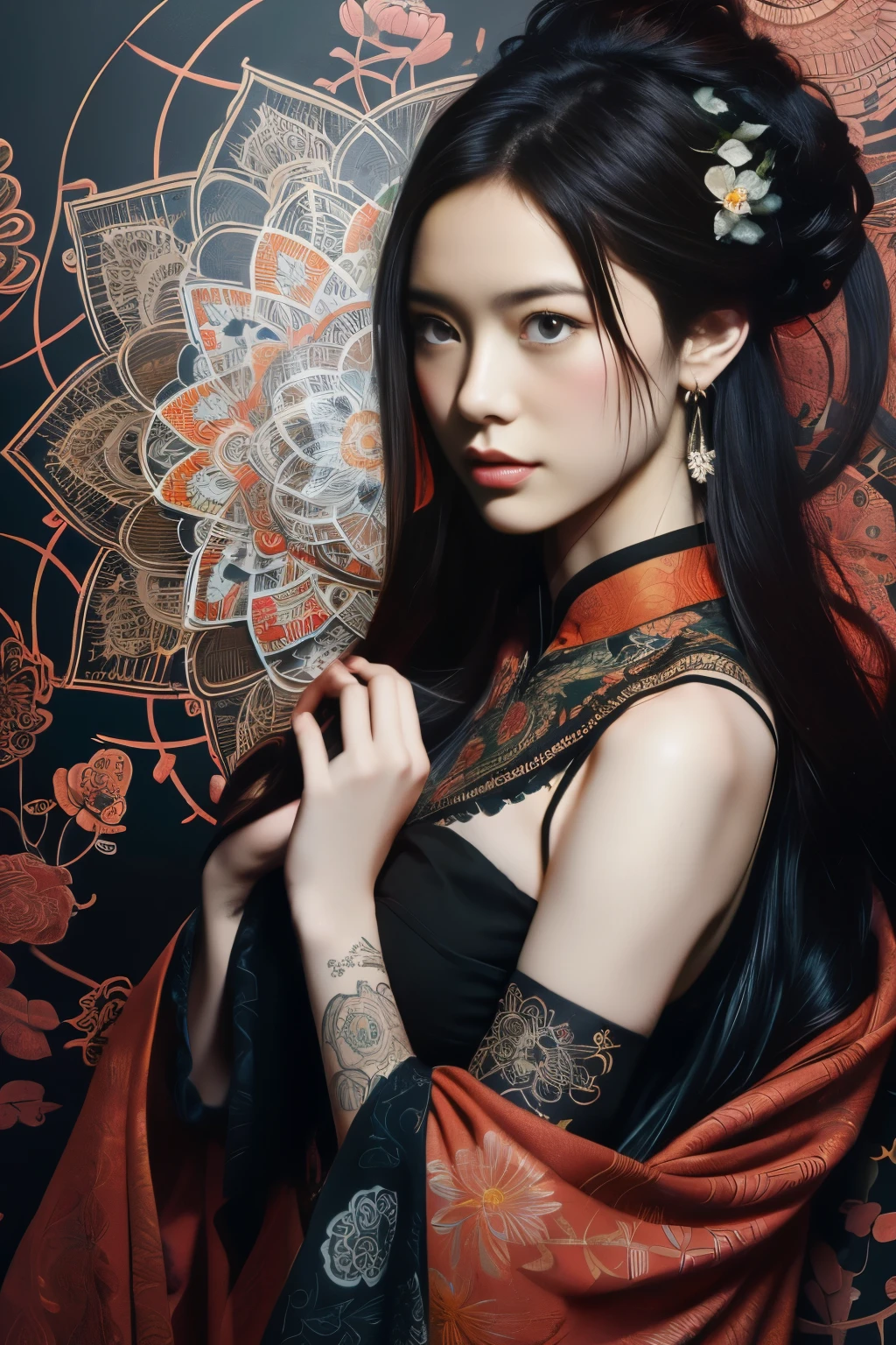 Official art, Unity 8k Wallpaper, ultra-detailed, Beautiful and aesthetic, masutepiece, Best Quality, Chinese style, (tangled, mandalas, Tangle, Entangle), ecstasy of flower, 1girl in, Extremely detailed, Dynamic Angle, cowboyshot, Most Beautiful Form of Chaos, elegant, a brutalist designed, vivd colour, Romanticism , by james jean, roby dwi antono, by Ross Tran, francis bacon, Michal Mraz, Adrian Ghenny, petra cortright, Gerhard Richter, Takato Yamamoto, Ashley Wood, Atmospheric