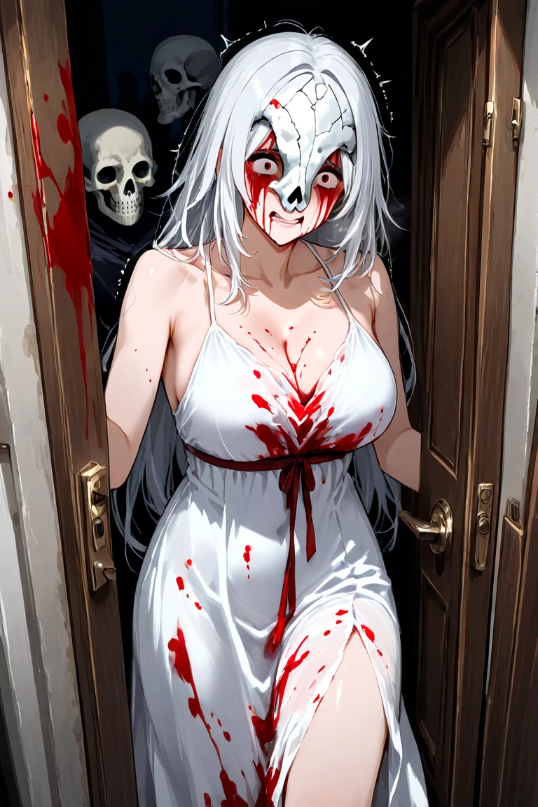 ((masterpiece)), ((best quality)), ((grotesque and splatter)), beautiful girl, curvy, tall, exposed belly, belly button, big breasts, femdom, slaughter, bloody white dress, Blood on the body, Bloody, Blood on the belly button, Blood on the belly, Blood on the breasts, tall, bloody knife, bloody sword, bloody belly, war, fight, kill, Behead, shot from below, POV from fallen enemies, sensual, Blood on the breasts, smile, spattered by much blood, having a big bloody sword, reflecting blood on the whole body, looking down on me, massaging breasts, getting excited sexially, kill everyone, blood splatter, cruel, background with battlefield, cut off head of man, holding a severed head