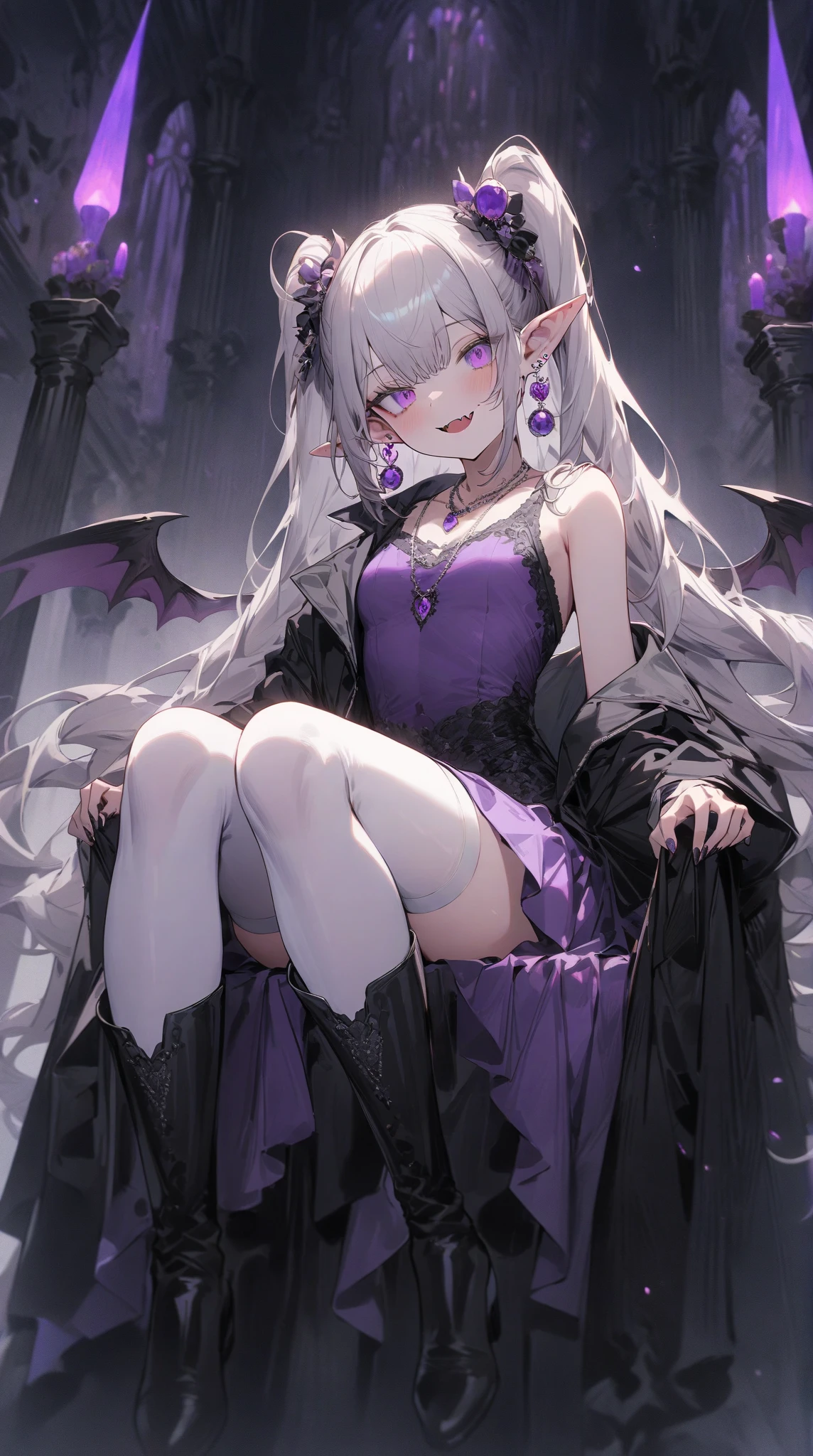 masterpiece,best quality,1girl, solo, long_hair, hina_\(blue_archive\), pantyhose, white_hair, horns, bangs, looking_at_viewer, wings, purple_eyes, sitting, halo, black_pantyhose, dress, blush, black_dress, ahoge, parted_bangs, alternate_costume, demon_horns, demon_wings, knees_up, indoors, bare_shoulders, very_long_hair, low_wings, multiple_horns, sleeveless, window, hand_on_own_face, hair_between_eyes, sleeveless_dress, closed_mouth, feet_out_of_frame, knees_together_feet_apart