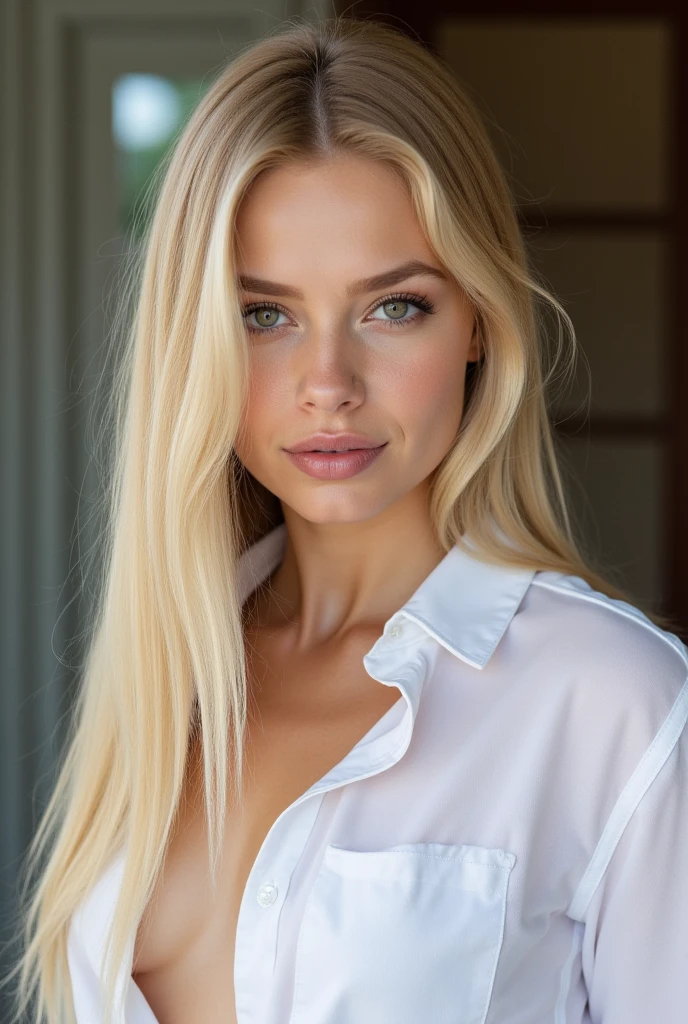 young blonde girl has a large nose, energetic, Maria Vanucci, open blouse, summer clothes, relaxed in the bus, smirk, photographic style, nsfw, strange facial features, close, looking at me