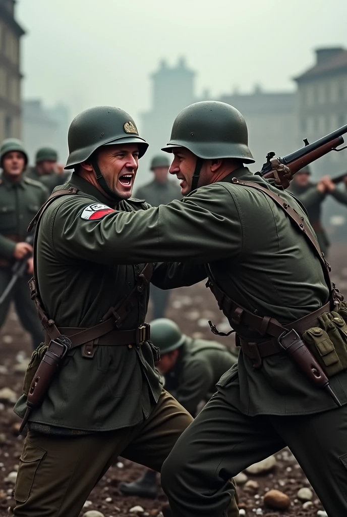 Create me an image of soldier currently on chaotic battle with the right side wearing blackish army suit and the left side wearing a british army suit fighting face to face in England in 1970