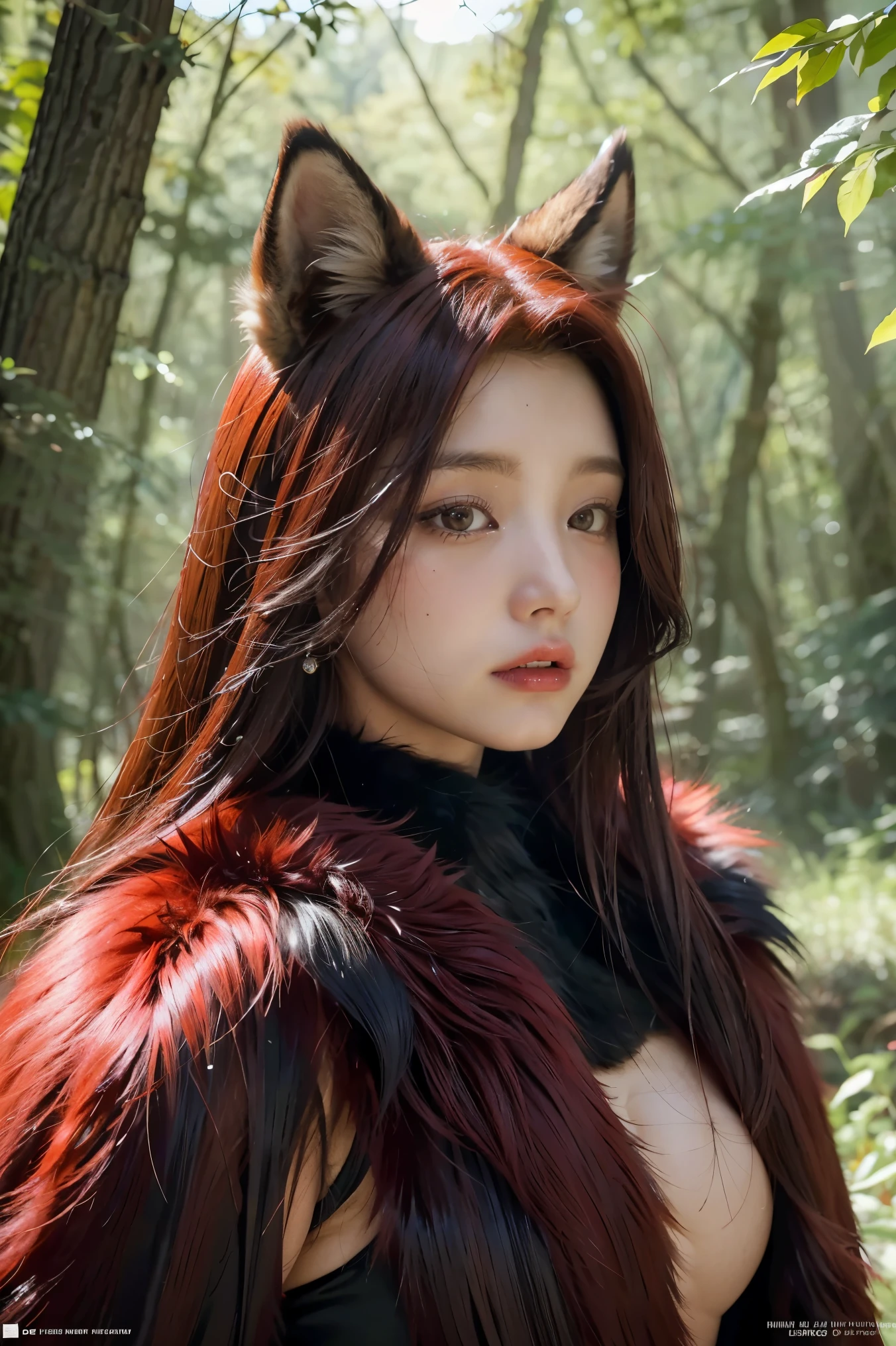araffe with red hair and a furry tail in the woods, a digital painting by Daarken, cgsociety contest winner, furry art, very very beautiful furry art, dramatic cinematic detailed fur, furry fantasy art, loish and wlop, anthro art, furry wolf, pov furry art, furry art!!!, kemono, 🌺 cgsociety