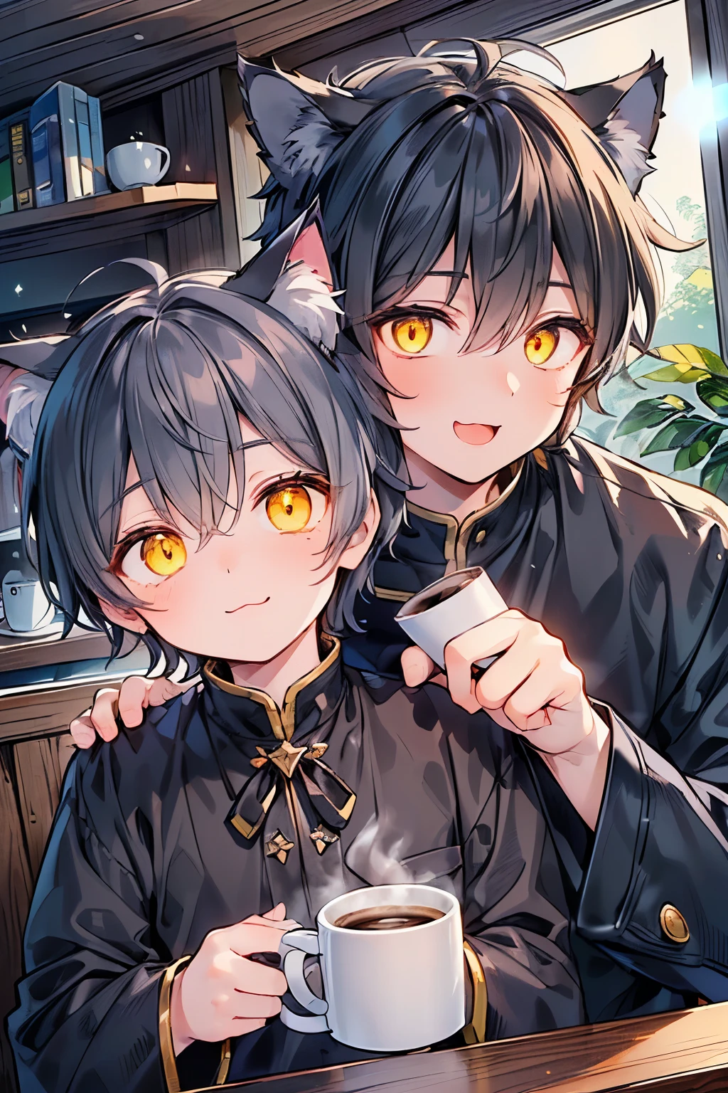((1-boy :1.3)),((handsome:1.2)),((adult male:1.15)),((Alone:1.1)),(yellow eyes:1.15),((droopy eyes:1.25)),NAVY hair,((King style:1.2)),((overly long sleeves:1.2)),(long sleeve:1.0),((open mouth:1.0)),((:3:1.0)),(smile:1.25)),(A filled with pleasure:1.1),(ecstatic expression:1.1),((eerily glowing eyes:1.3)),((holding Coffee cup:1.2)),((moe sleeves:1.15)),(close up face:1.05),((cat ears:1.2)),((various poses:1.3)),