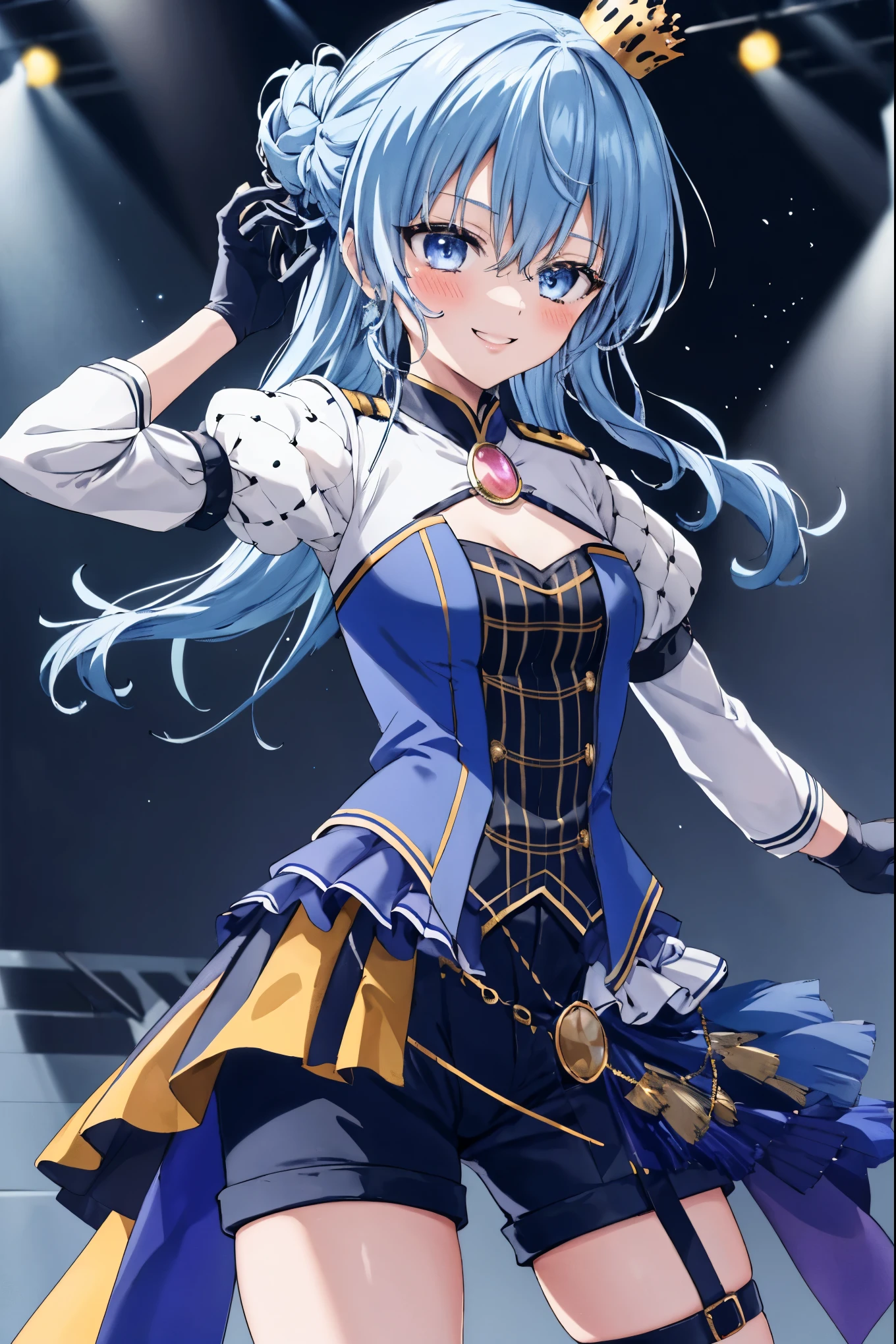 1girl, solo, concert, stage, stage lights, cowboy shot, idol, SuiseiStellar, long hair, half updo, tilted crown, white shrug \(clothing\), juliet sleeves, blue brooch, blue pinstripe shirt, blue vest, half gloves, blue shorts, half-skirt, o-ring thigh strap, single thigh boot ,small breasts,(((trembling))),(blush)0.4),smile,(angry_eyebrows:0.5),dynamic_standing, hold_out_one's_chest
