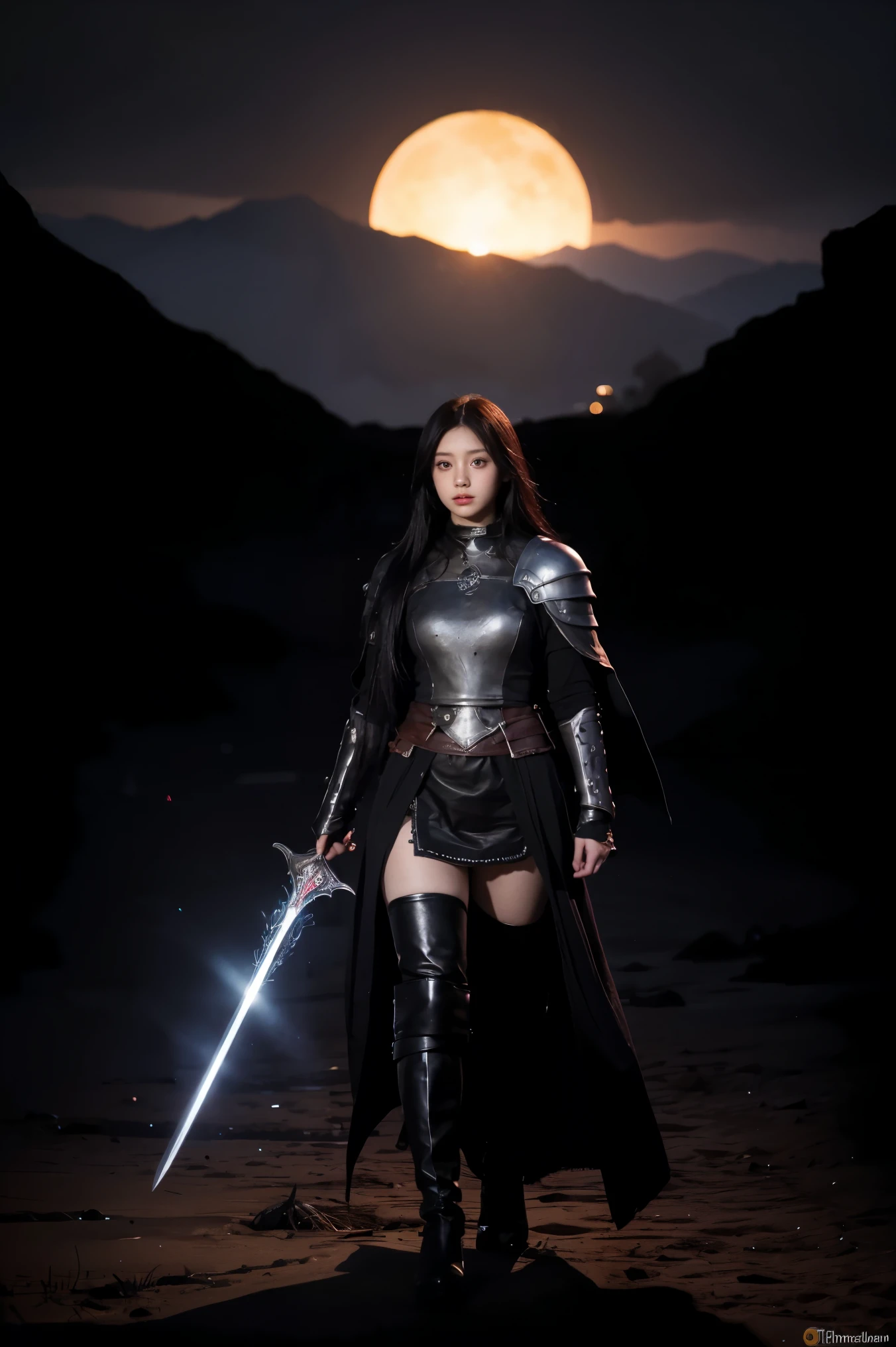dark souls, black sun, boss battle, epic sword in hands full body 1girl, solo, very cute, beautiful, long hair, purple eyes, cute, night, dim lighting, looking at viewer detailed background