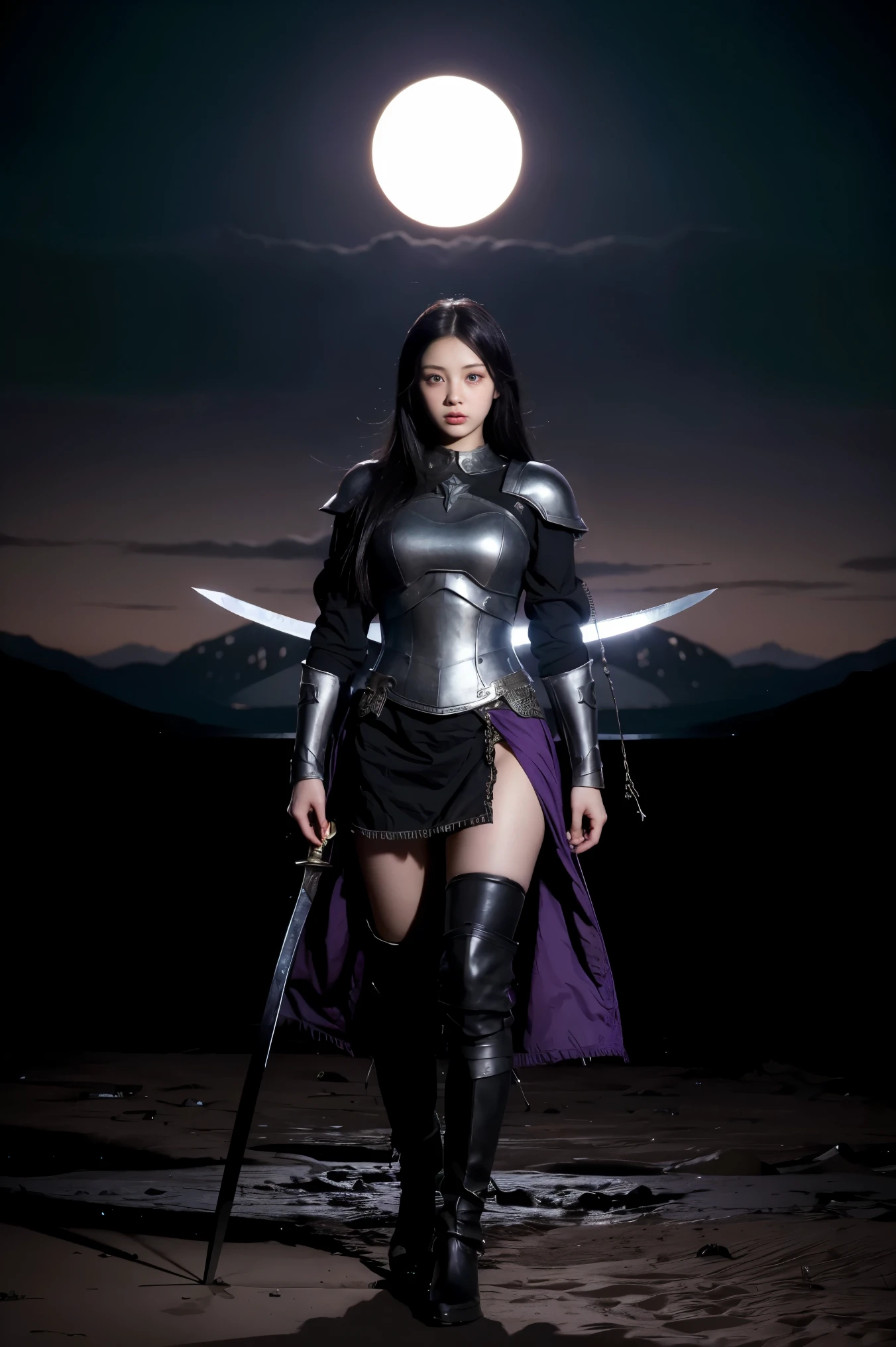 dark souls, black sun, boss battle, epic sword in hands full body 1girl, solo, very cute, beautiful, long hair, purple eyes, cute, night, dim lighting, looking at viewer detailed background