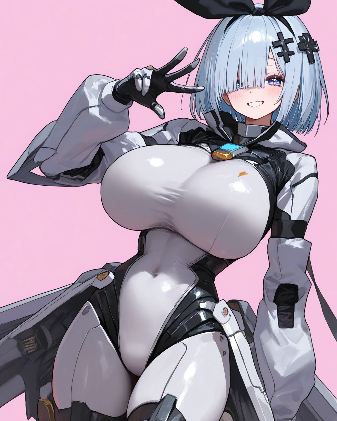 ((masterpiece)), ((best quality)), (ultra-detailed), ((kawaii)), cute, (lovely), ((sexy)), (ero), ((extremely detailed)), 4K, (8K), best quality, (beautiful), in the middle, bedroom, a pretty girl, robot suit, robot, beautiful silver hair, beautiful green eyes, ((beautiful eyes)), white-skinned, short hair, blunt bangs,gigantic breast, orgasm,seductive smile,open mouth,spoken many hearts,saliva,topless,show off nipple,breast milk,bottomless,pussy juice,vibrator,masturbation,arms up,standing,1 boy,grabbing breasts from behind,touch pussy,restrained, shackles,hanging,nsfw