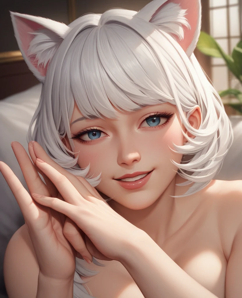 She is a tiger beastman, so she doesn't wear any clothes、white and beautiful skin、Hairless labia、silver eyes、cute smile、Completely naked、bob cut hair、blonde