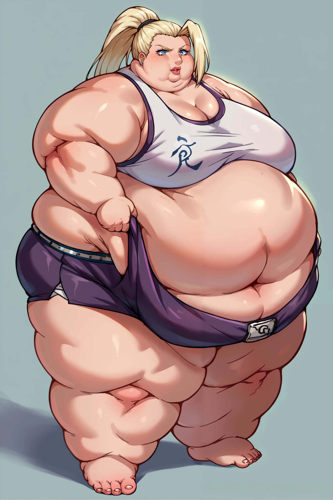 a anime styled image of a fat man with a large white cybernetic Hammer in his hand, he has a jiggly fat round belly,( his belly is , large,fat and round), thicc, big belly, , body swelling about to explode, belly exposed, thicc build, fatbody, fat belly,(( large Thick hips)) ,(( large fat Thighs, large Fat round but))t , (Short build), ((White hair with Blue and Pink Streaks)) androgynous, morbidly obese , Femboy , Messy hair, SFW, High quality, expression( annoyed and Angered) pose(one Hand Grabbing belly ), pear_shaped body