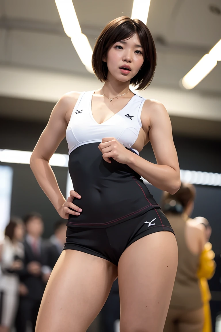 masterpiece,  top quality ,  one girl , white bra,     Perfect Eyes, perfect face, Kuvshinov,  cowboy shooting , Fully Naked Women ,  is sticking out her tongue,  small breasts、Red and white, vertical perspective  , Underbust、under bob  、Chest seen from below,   Closeup of , ceiling, black background, close eyes、pictorial、Detailed genitals、