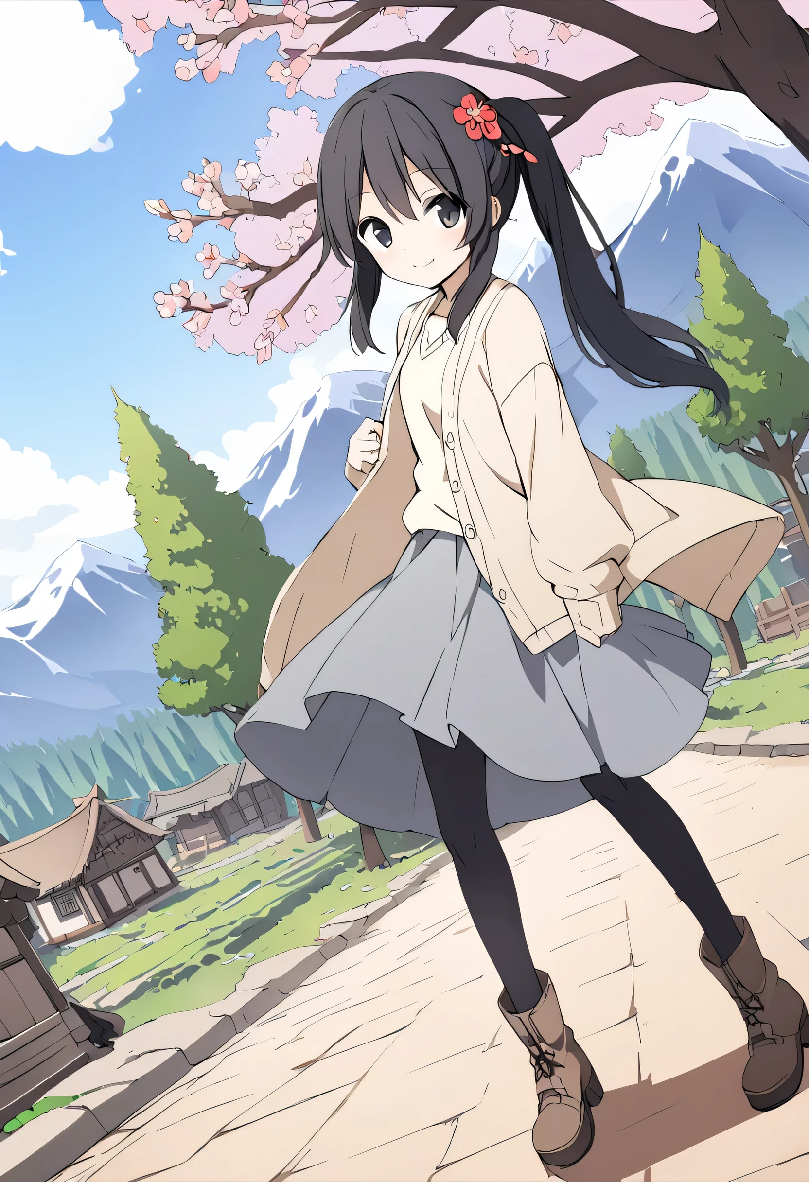 full body、Black Eyes、 black hair、 medium ponytail 、18 years old、mid、 beige cardigan、 gray long skirt、black tights at a distance、brown boots、Mountain village、A tree with plum blossoms blooming、from the side、is smiling and looking at the photographer、wide angle