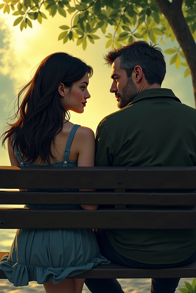 A realistic image of a couple sitting on a park bench on a cloudy day. Both are visibly sad and disappointed. The woman has tears in her eyes and is looking down, while the man beside her has a frustrated and disappointed expression, with slumped shoulders. They are close to each other but not touching. Leaves are starting to fall around them, indicating the beginning of autumn. The background shows tall trees and a path that fades into the distance, enhancing the feeling of loneliness and melancholy