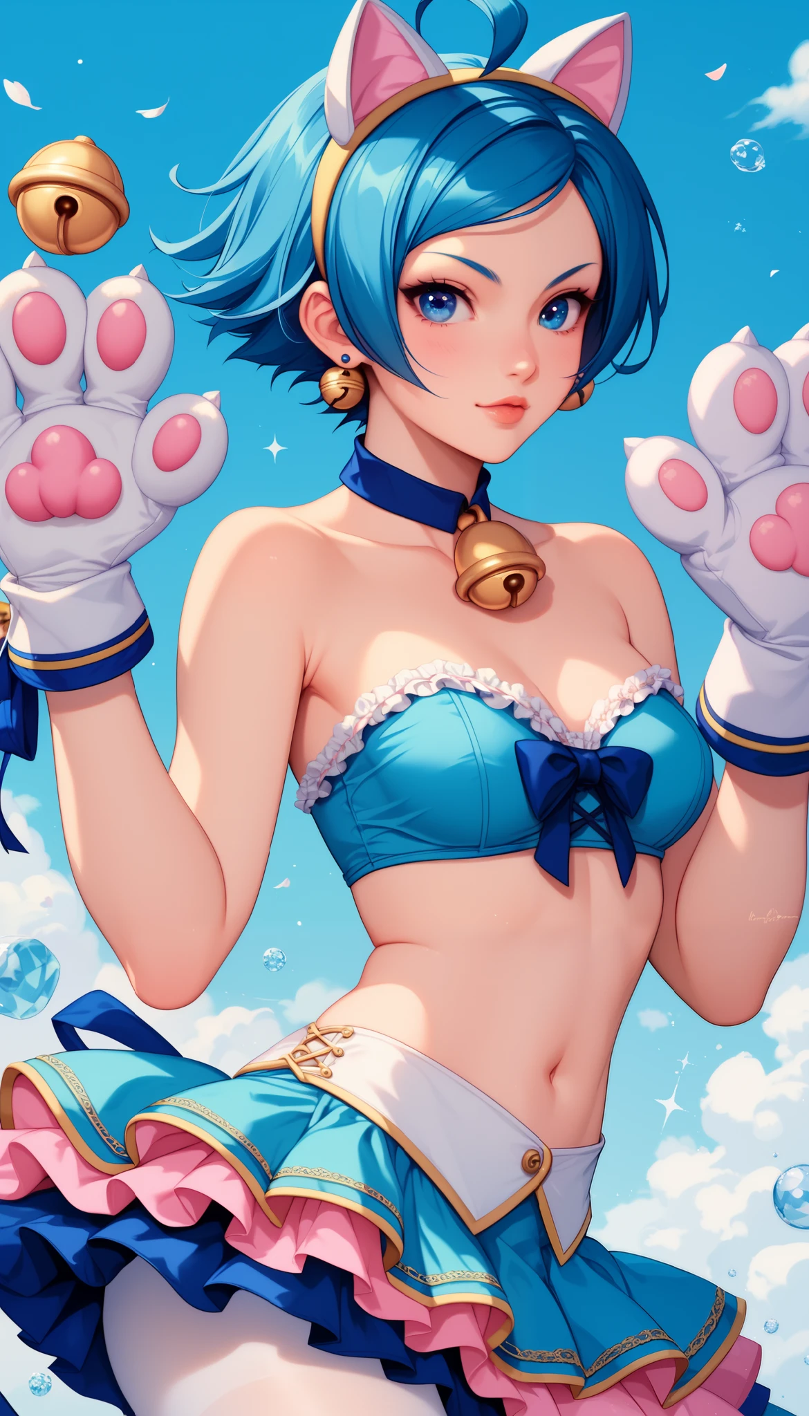 Felicia, blue hair, Green eyes, cat tail, happy, cute smile, hight details, busty, happy, 