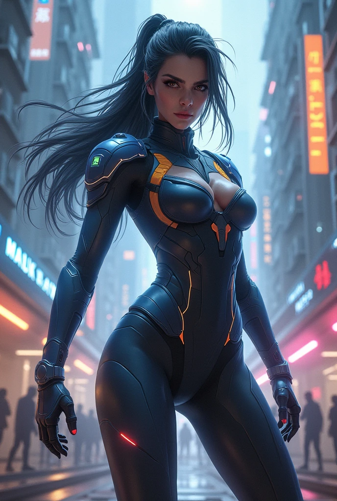 annflores. black hair, blue eyes, ponytail, mole under left eye, bodysuit, legs, thigh boots, 
looking at viewer, standing, upper body, serious, cyberpunk, city, night,
(insanely detailed, beautiful detailed face,beautiful detailed eyes, masterpiece, best quality)   <lora:annflores-10v7:0.8>