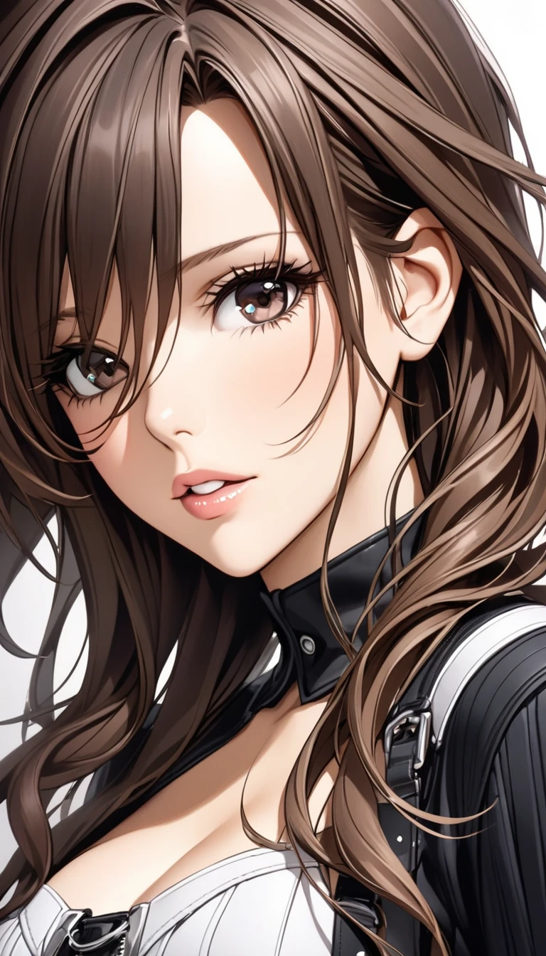(best quality:1.5, highres, UHD, 4K, detailed lighting, shaders), black wavy hair, large breasts , woman jacket, long coat, (pov), full ody, white background