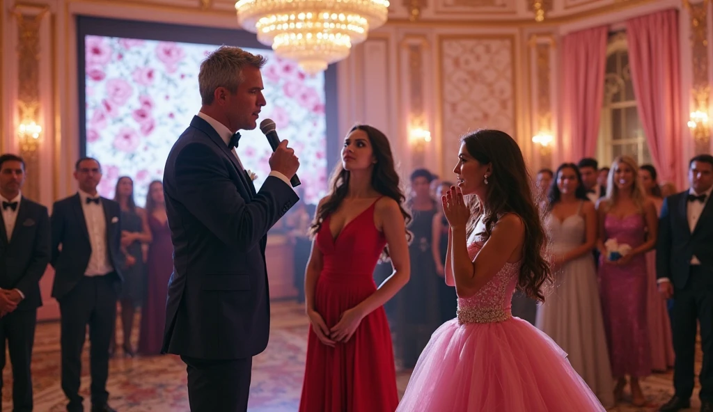 There is a birthday party in the luxurious house of a very big Indian businessman. It is the birthday of that businessman's daughter. That businessman is 50 years old, his hair is black and mustache is slightly white and he is wearing a black colored 3 piece suit and his daughter, who is 24 years old, is very beautiful, she is wearing a golden frock and has a crown on her head. Both of them That businessman took out a red diamond ring from his pocket and did it in front of his daughter but the daughter is sad and all the people are clapping and happy.   