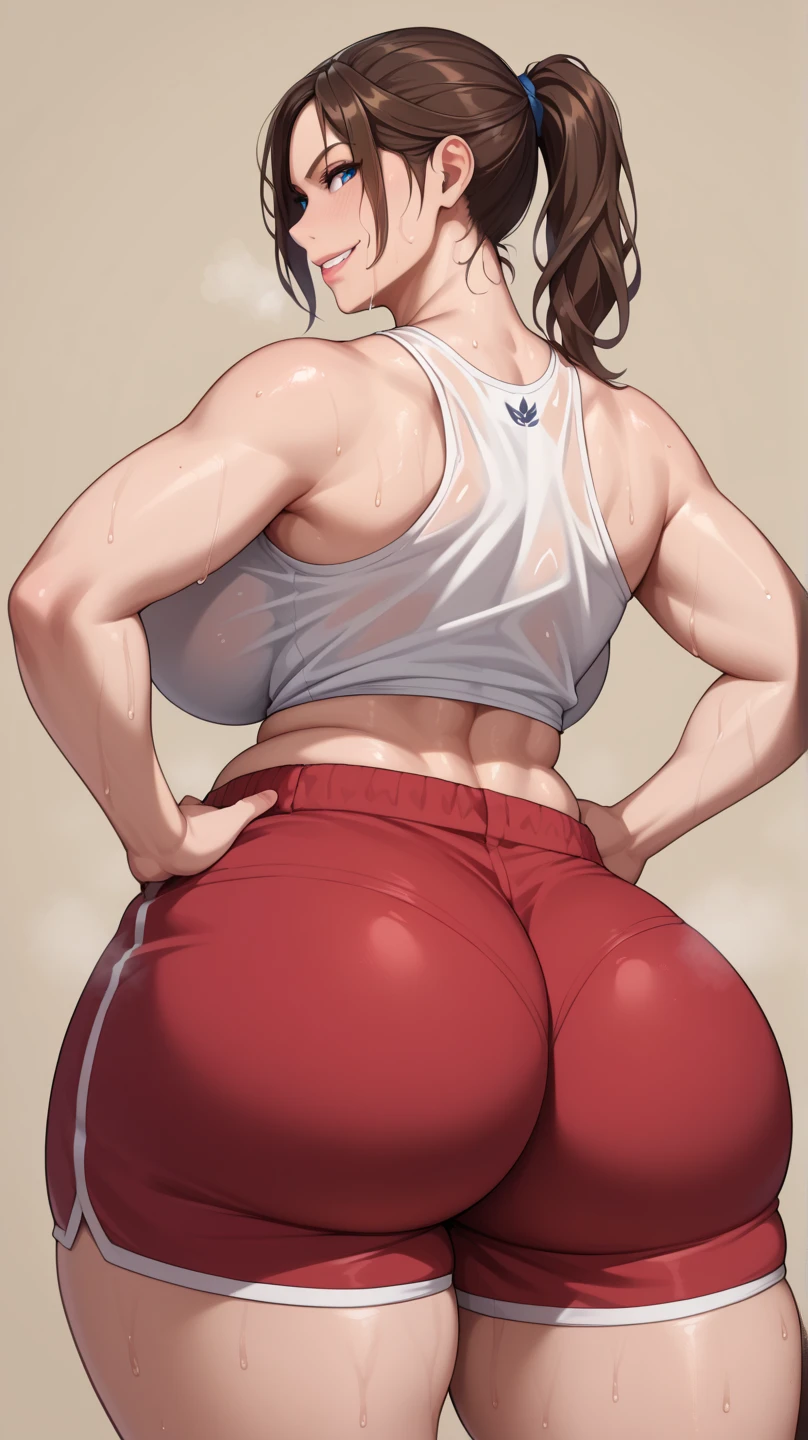 [(Scorbunny_Pokemon)], [(uploaded to e621.net); (pixelsketcher), (whisperfoot), (wamudraws)], ((masterpiece)), ((anthro female)), ((solo portrait)), ((1girl)), ((beautiful 3d art)), ((detailed shading)), ((raytracing)), ((furry art)), {(Scorbunny); white and orange fur, bunny ears, short stubby bunny tail, tape on nose, (big cute red eyes), (defined leg muscles),((muscular body)) (beautiful feet), (4 toes), (black claws), happy, mouth open, (small boobs), (nipple outline)}, {White tank top, orange spandex yoga shorts}, {(jogging), (looking at viewer)}, [Background; (park), {sunny, blue sky}]