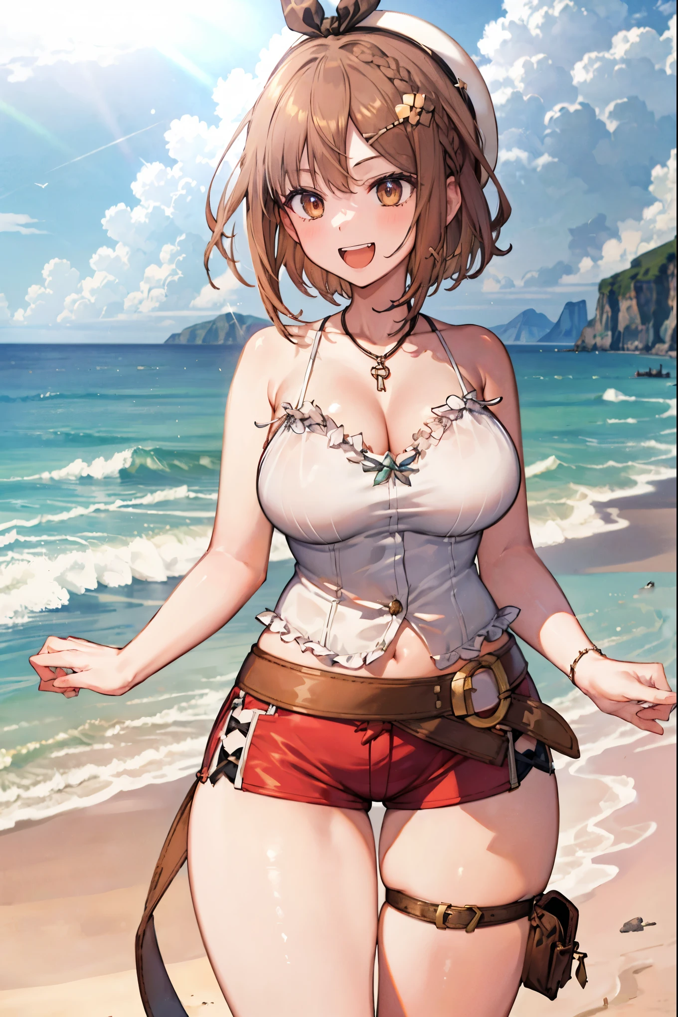 Masterpiece, top quality, Hi-Res, very detailed CG , 2nd Default, asymmetrical design costume, Bare Thighs , belt, chest, teeth, is laughing, beach,1teen_girl,white_camisole,large_breasts,large_thighs,short_shorts,apart_legs,raise_fist,