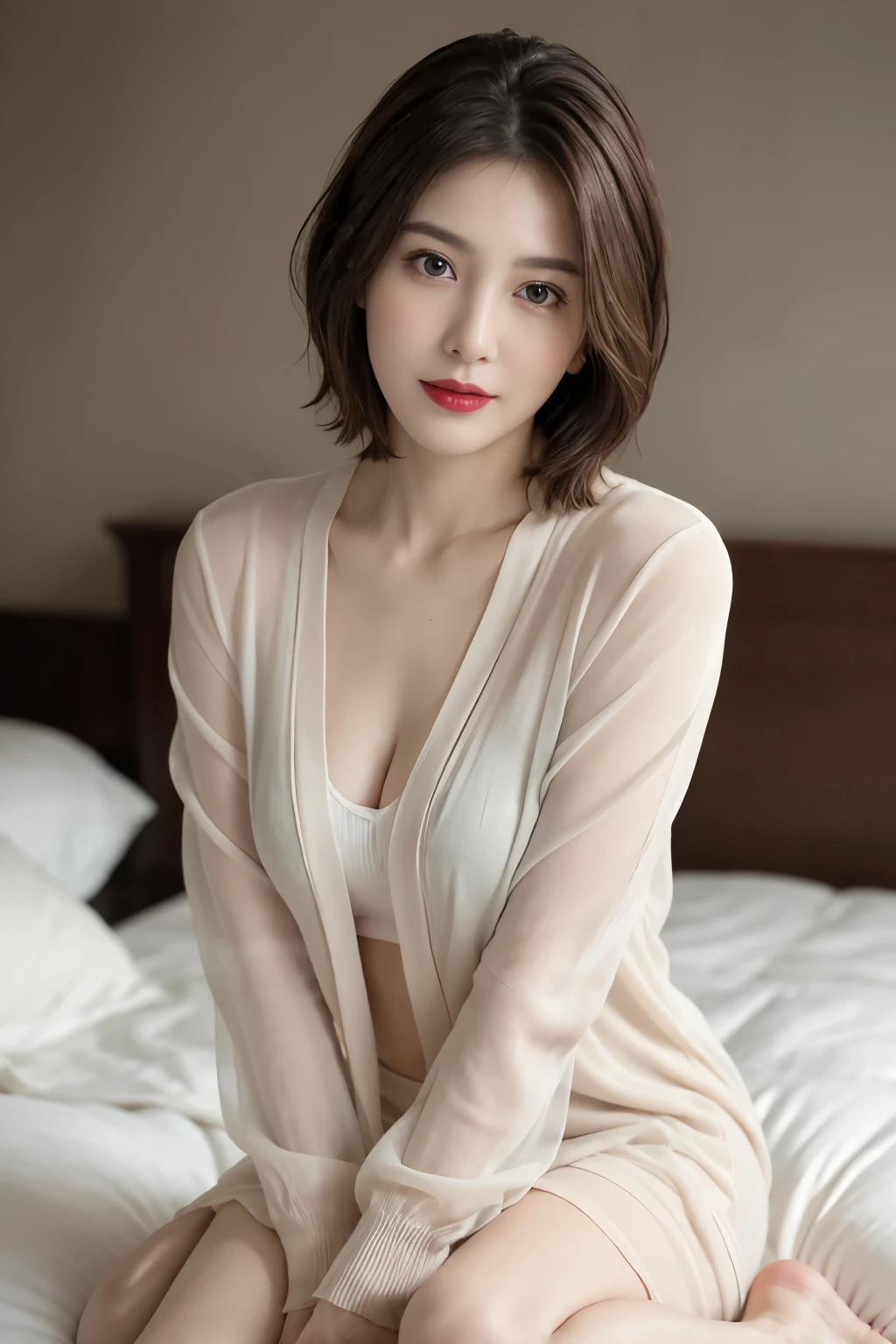 Skintight Top:1.2, View your audience, Cinema Lighting, perfection, Soft Light, High Resolution Skins:1.2, Realistic skin texture, 30 year old mature woman、Small face、No makeup、 tight blouse shirt,Tight Skirt,Bust E Cup、 Exposed cleavage, Small breasts、blue eyes, short hair, Dark brown hair、Relax on your sofa at home