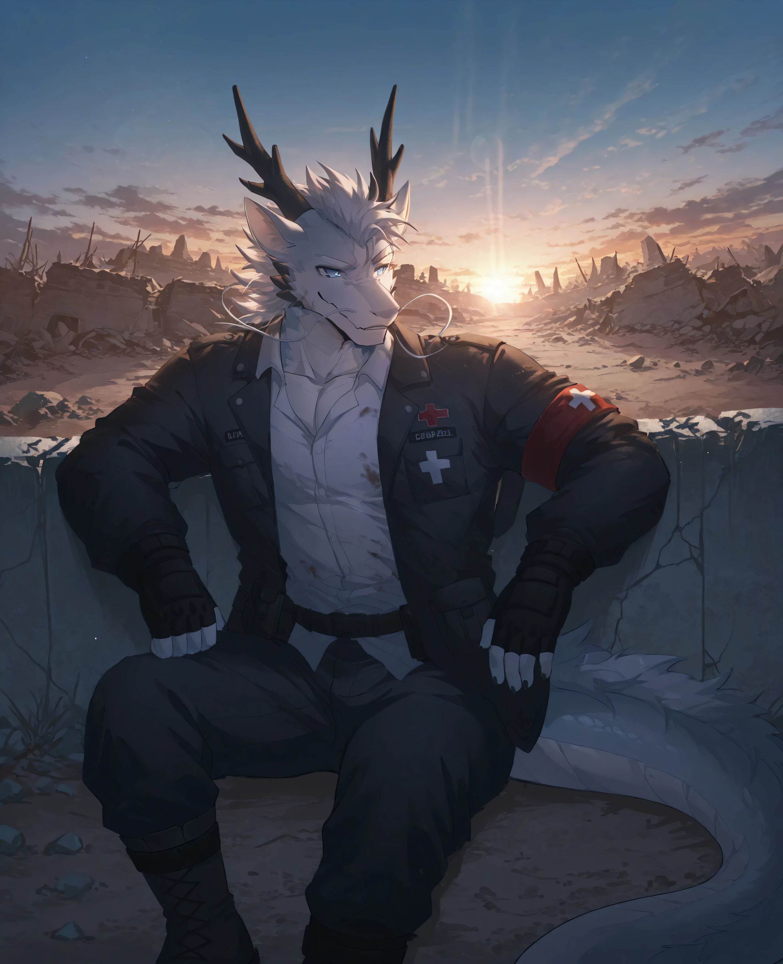 sfw,masterpiece,UHD,solo:1.2,highres,best quality,anatomically correct,furry male,male_focus,(wasteland punk),(eastern dragon),collarbone,(white scales:1.1,),black dragon horn,antler:0.6,white hair,short hair,cocked eyebrow,snout,(detailed eyes,blue eyes,detailed pupils,beautiful eyes),snout,animal ears,dragon ears,absurdres,shapely,handsome,dragon tail,cowboy_shot,(slender muscle:0.5),(Army medic uniform,black jacket,collared_white shirt,red armband,black pants,boots,fingerless gloves,dirty clothes,),(5 fingers:1.1),(skinny:0.45),(wild,ruins,broken buildings),sitting beside wall,looking far,(in ruins of factory),ray tracing,shadow,looking_away,from_side:1.3,(soft light,dusk,shadow:1.2),bokeh,detailed background,Tyndall effect,(wild background,wasteland),((beautiful detailed background)),break,(wolftapioca:0.3,chung0u0,(by zwm:0.6),(lindong:0.8),(by null-ghost:0.8),huashijw,(asteroid_ill:0.8),(smile \(qd4nsvik\):0.9),konya karasue)),cg,highres,sfw