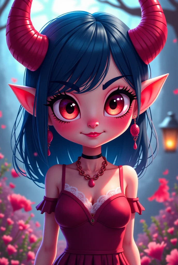 (Cartoon style)
female vampire with long dark red wavy hair, bangs, brown eyes, long eyelashes