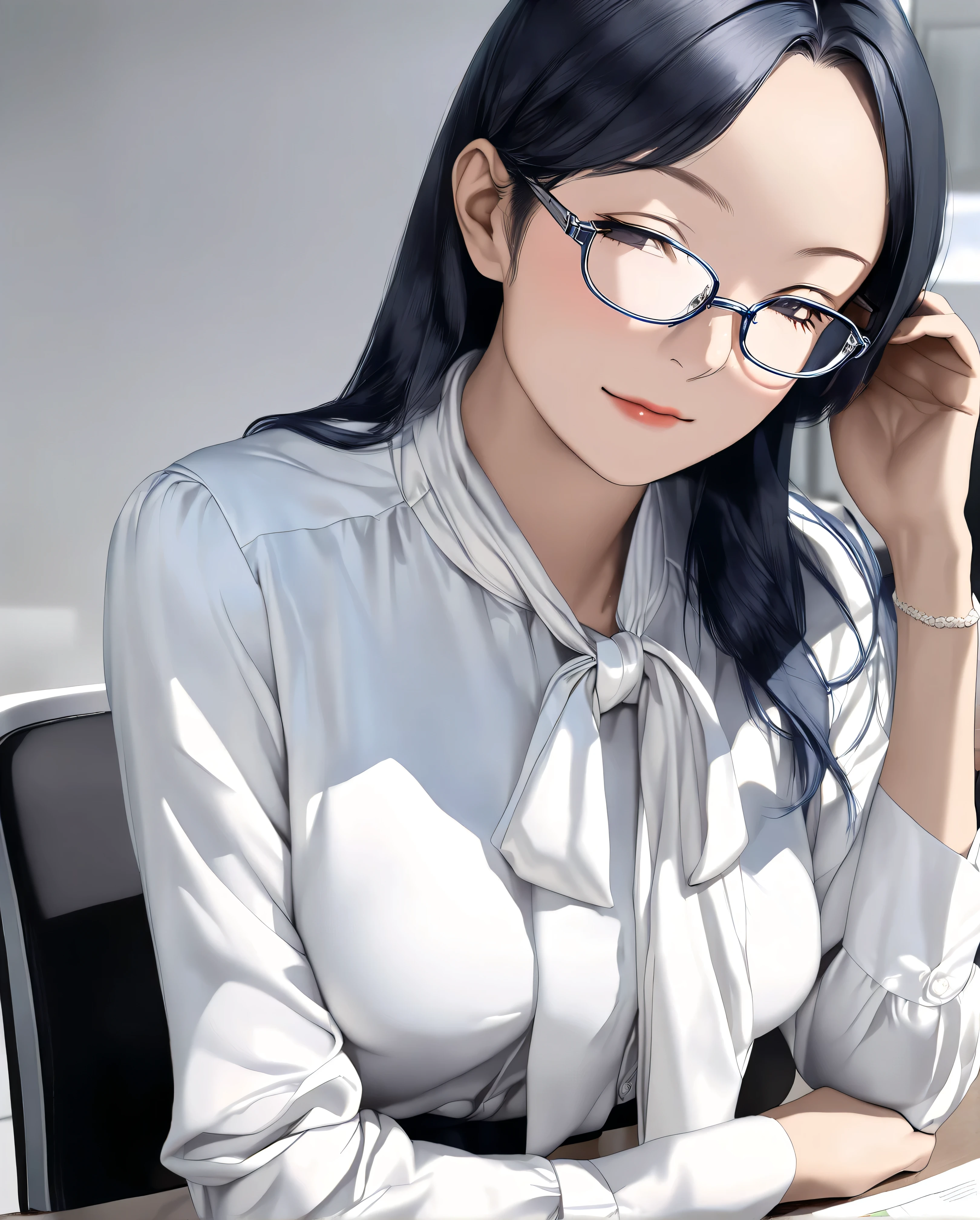 bow blouse, anime - style image, a woman sitting on a chair in the office room, (((A woman wearing rimless glasses))), Short cuffs, Realistic body structure, A body with perfect style, (((A pose with arms spread wide))), (((classical and office style Soft material shiny white tie-neck blouse))), (((Slightly dull white office style classical tie neck))), seductive anime girl, 8k, Score_9, Score_8_up, Score_7_up, realistic office lady, Soft material long sleeves blouse with a regular cuffs, regular sleeves, A realistic Soft material blouse, realistic tie-neck, fine details, a couple tie neck, A tie-neck in the same color as the blouse, Slightly dull white bow tie, attractive anime girl, Symmetrical ribbon, hyper-realistic office lady, smooth anime CG art, beautiful anime office lady, The bow tie is meticulously tied in a perfect, bow tie with large loops ribbon, the ribbons are slightly curled at the ends, The knot of the bow tie is meticulously detailed, showing the intricacies of its construction, Subtle shadows define the contours of the bow and the delicate folds of the ribbons, anime visual of a cute 26-old woman, navy blue mini tight skirt from H&M, the tight skirt non-glossy polyester, soft lighting, There is no color other than navy blue in the skirt,