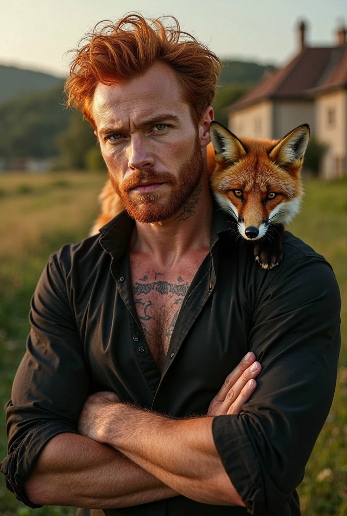 A photorealistic portrait of a insanely handsome man, no shirts, very strong, messy hair, chiseled and extremely tattooed sitting on a step next to a big fierce fox 9 tail, a large door as the background, a colorized photo by Jesse Richards, instagram contest winner, maximalism, very macho look, hunk, extremely handsome, attractive man, exotic, photograph, detailed symmetric realistic face, extremely detailed natural texture, peach fuzz, messy hair, masterpiece, absurdres, nikon d850 film stock photograph, kodak portra 400 camera f1.6 lens, extremely detailed, amazing, fine detail, hyper realistic lifelike texture, dramatic lighting, unrealengine, trending on artstation, cinestill 800 tungsten, looking at the viewer, photo realistic, RAW photo, TanvirTamim, high quality, highres, sharp focus, extremely detailed, cinematic lighting, 8k uhd,-imagine-