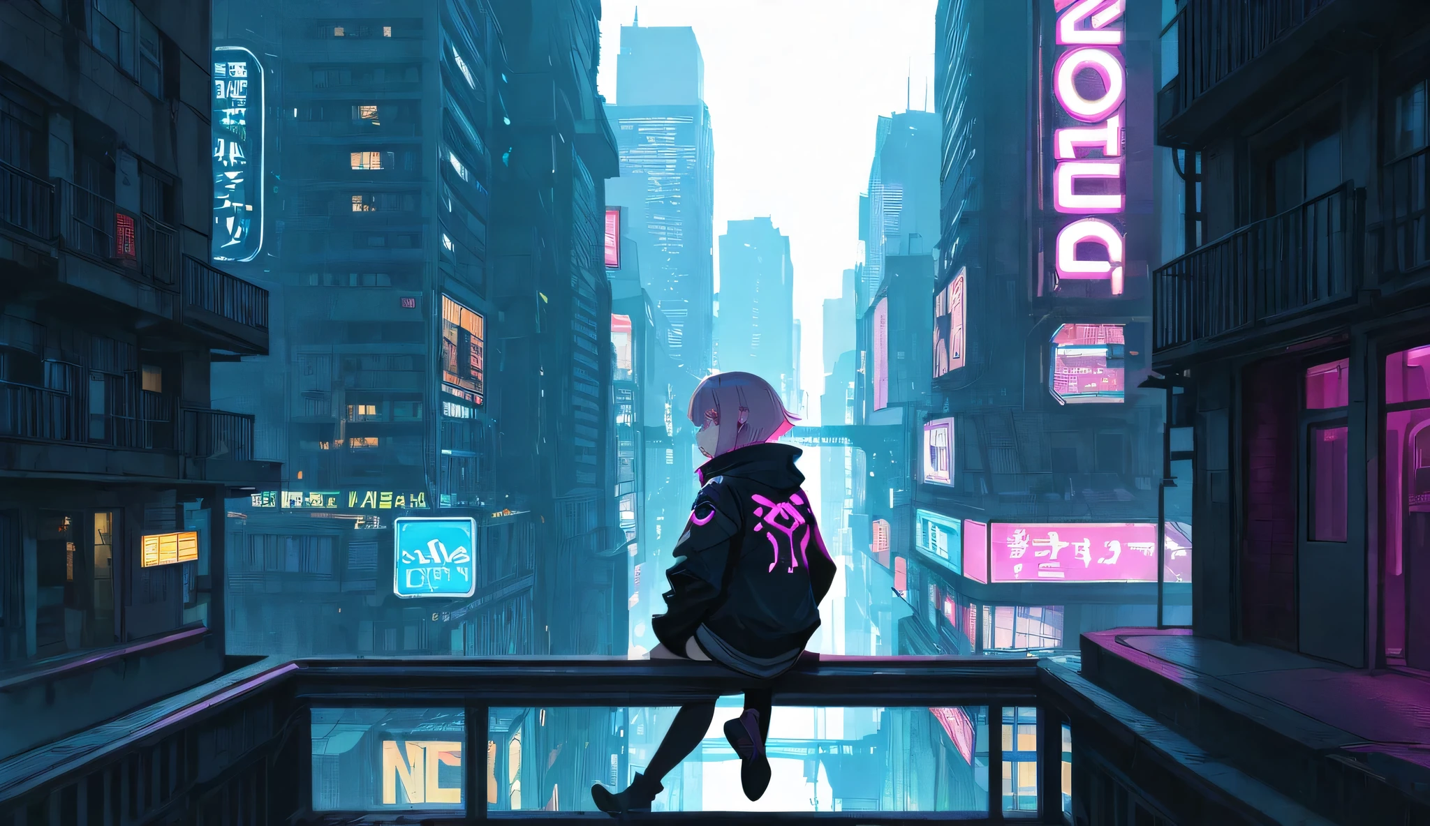 cyberpunk style neon city with female character sitting on the edge of a building with a big city on the background