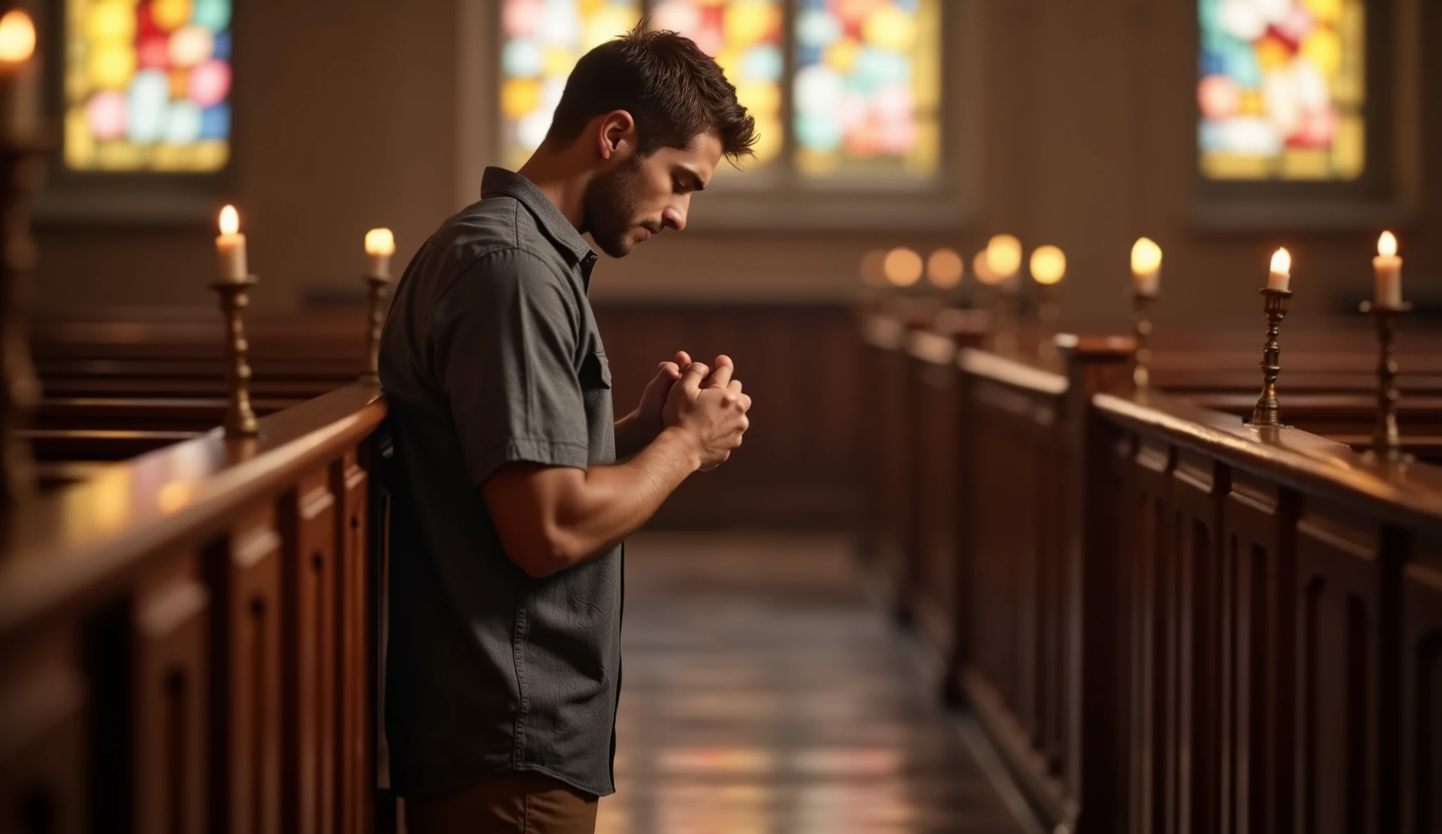 A handsome man with well-defined features kneels at a church pew, his hands folded in prayer, eyes closed, and head slightly bowed in deep contemplation. The photo is taken from the front, showcasing rows of wooden church pews extending symmetrically on both sides, creating a sense of depth and perspective. The background, captured with a realistic high-resolution bokeh effect, softly blurs the peaceful church interior, with warm light filtering through stained-glass windows, casting colorful reflections along the aisle. A few flickering candles glow in the distance, enhancing the sacred and tranquil atmosphere. The man is positioned centrally, with some empty space on the right side for text placement, ensuring a balanced and serene composition.