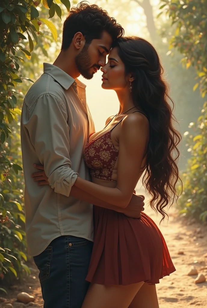 (Photorealism:1.2), Woman with indigenous traits, long black hair, body like Paolla Oliveira, dressed in country clothes, sitting under a tree looking face to face at a red-haired man, Cao Cao, beautiful and elegant body, appealing, hair like Jannik Sinner&#39;s, dressed in country clothes.