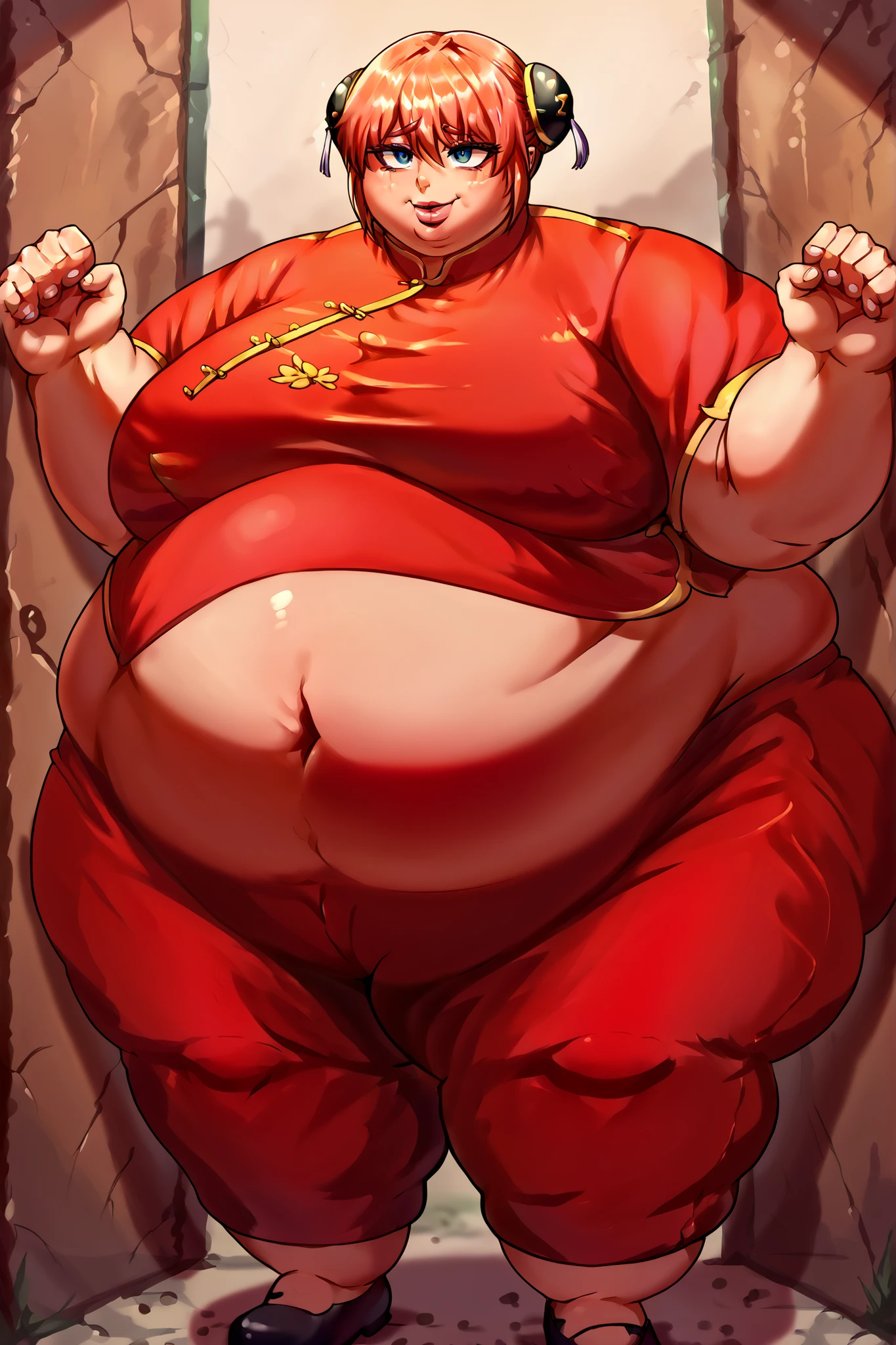Score_8_up, score_7_up, Score_9, BREAK, 1girl, solo, Kagura, short hair, red shirt, red pants, black bun cover, double bun, smile, black footwear, Chinese clothes, long sleevesstanding, giant hands, giant feet, fat, chubby, obese, gigantic arms and legs, gigantic breasts, sagging breasts, full body shot, fat face, chubby face, double chins, big lips,