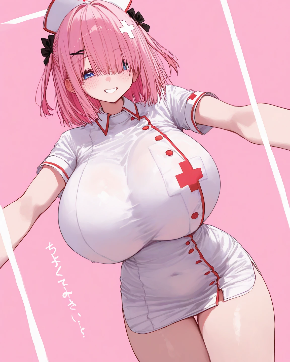 SFW, ((black grey skin Drow)) (nurse_clothes), (gigantic breasts, huge breasts, Big breast), firm breasts , tall girl, slim waist, curvy figure, arms behind back, pink_hair, green_eyes, long_pigtails